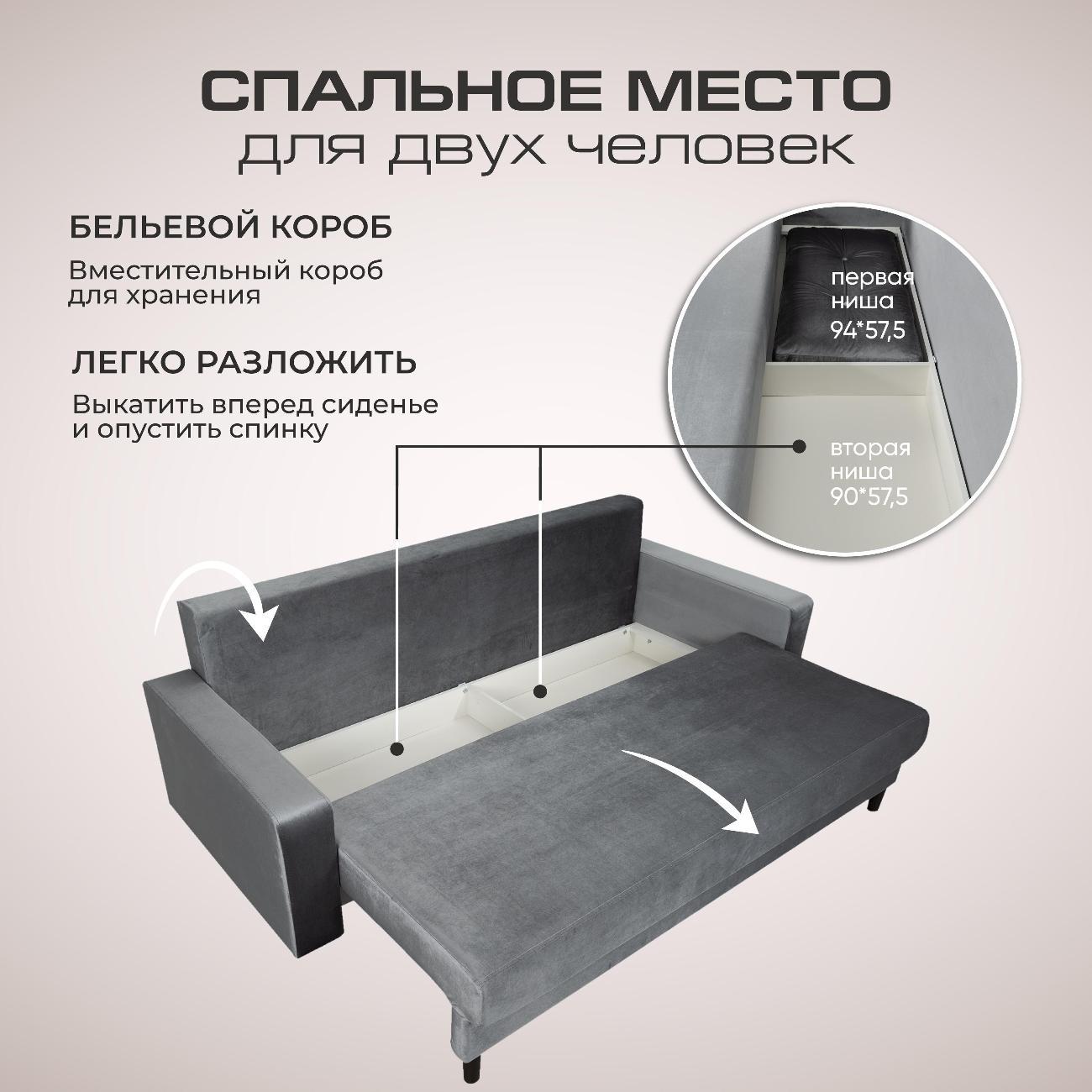 Диван Ami Мадрид прямой раскладной серый бархат