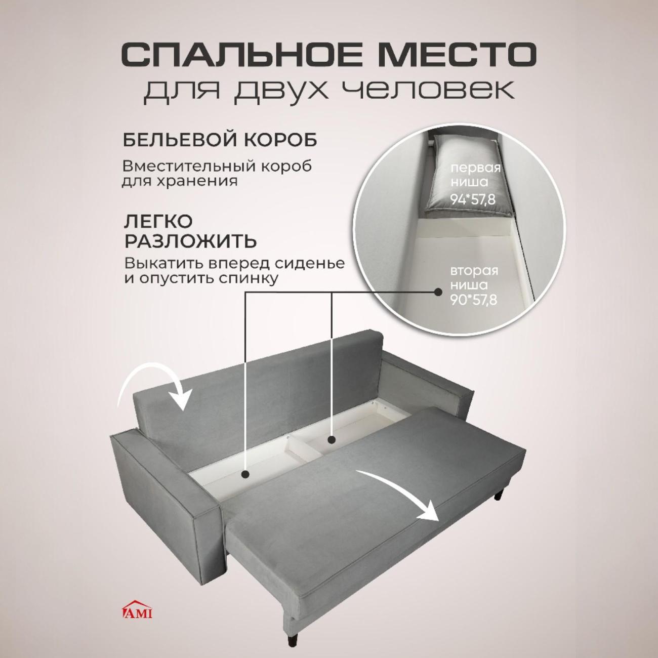 Диван Ami Ганновер прямой раскладной серый вельвет