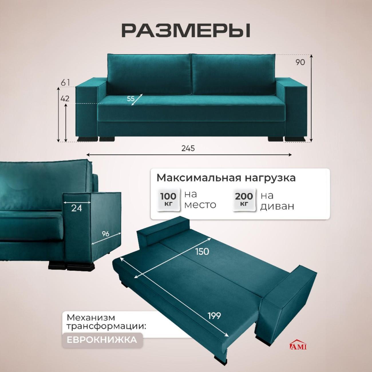 Диван Ami Кельн бирюзовый прямой раскладной вельвет