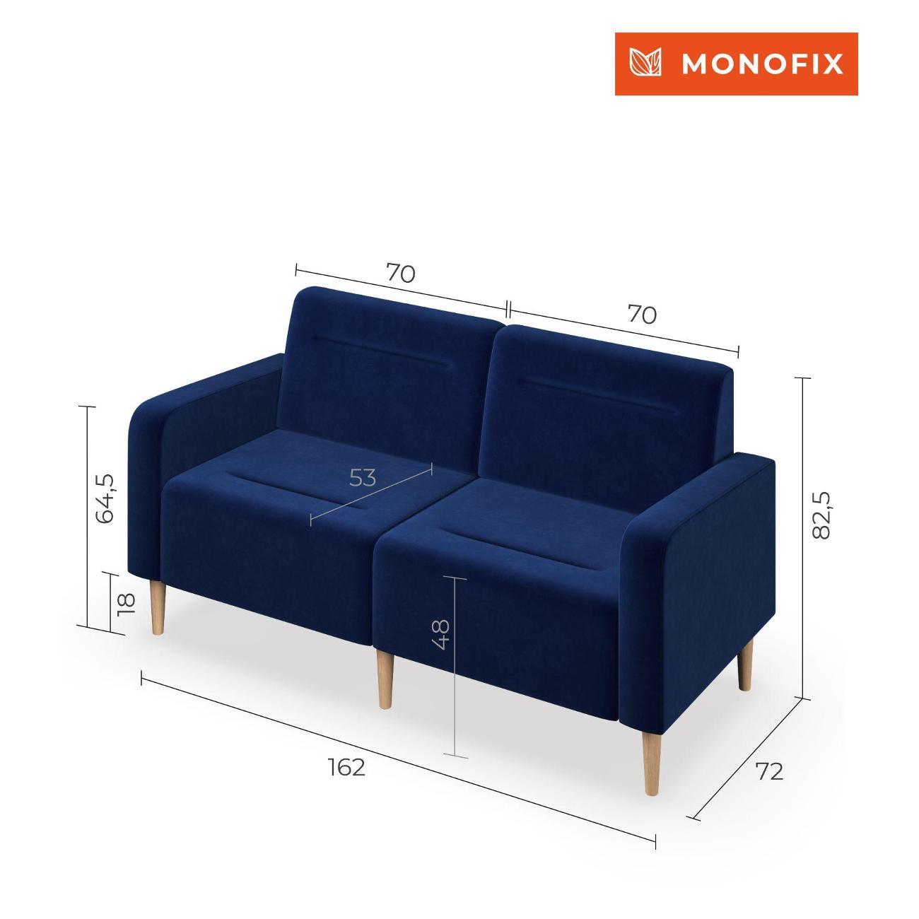 Диван Monofix ФОКСЕТ 162 см, велюр синий №26
