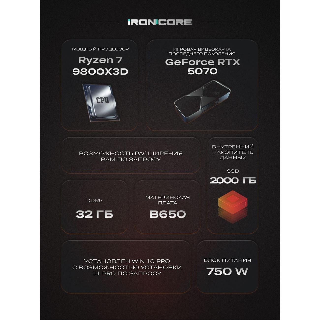 Настольный компьютер iRONCORE Ryzen 7 9800X3D GeForce RTX5070 64 2000