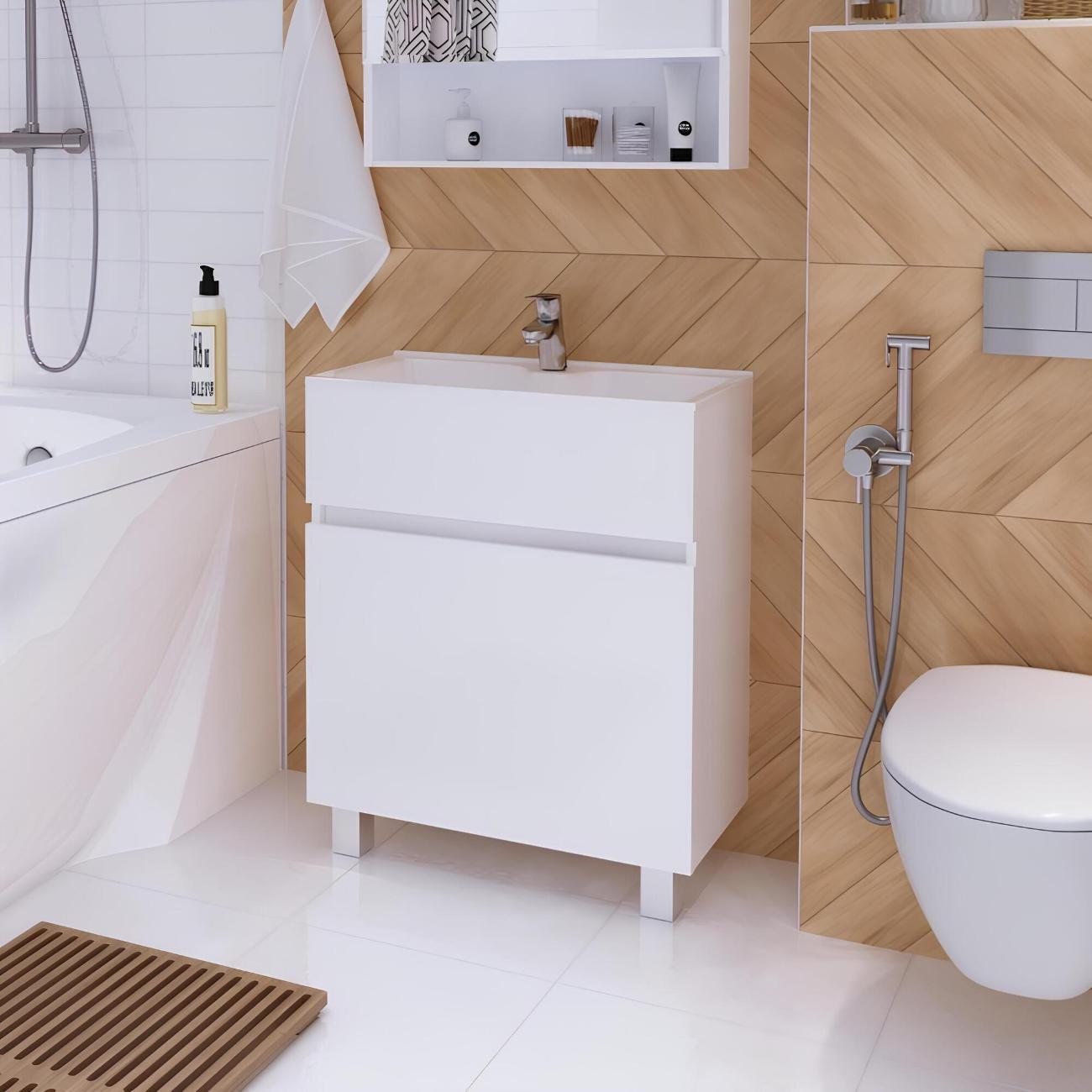 Тумба для ванной 1MARKA с раковиной 60 см напольная цвет Белый глянец Mira У83301