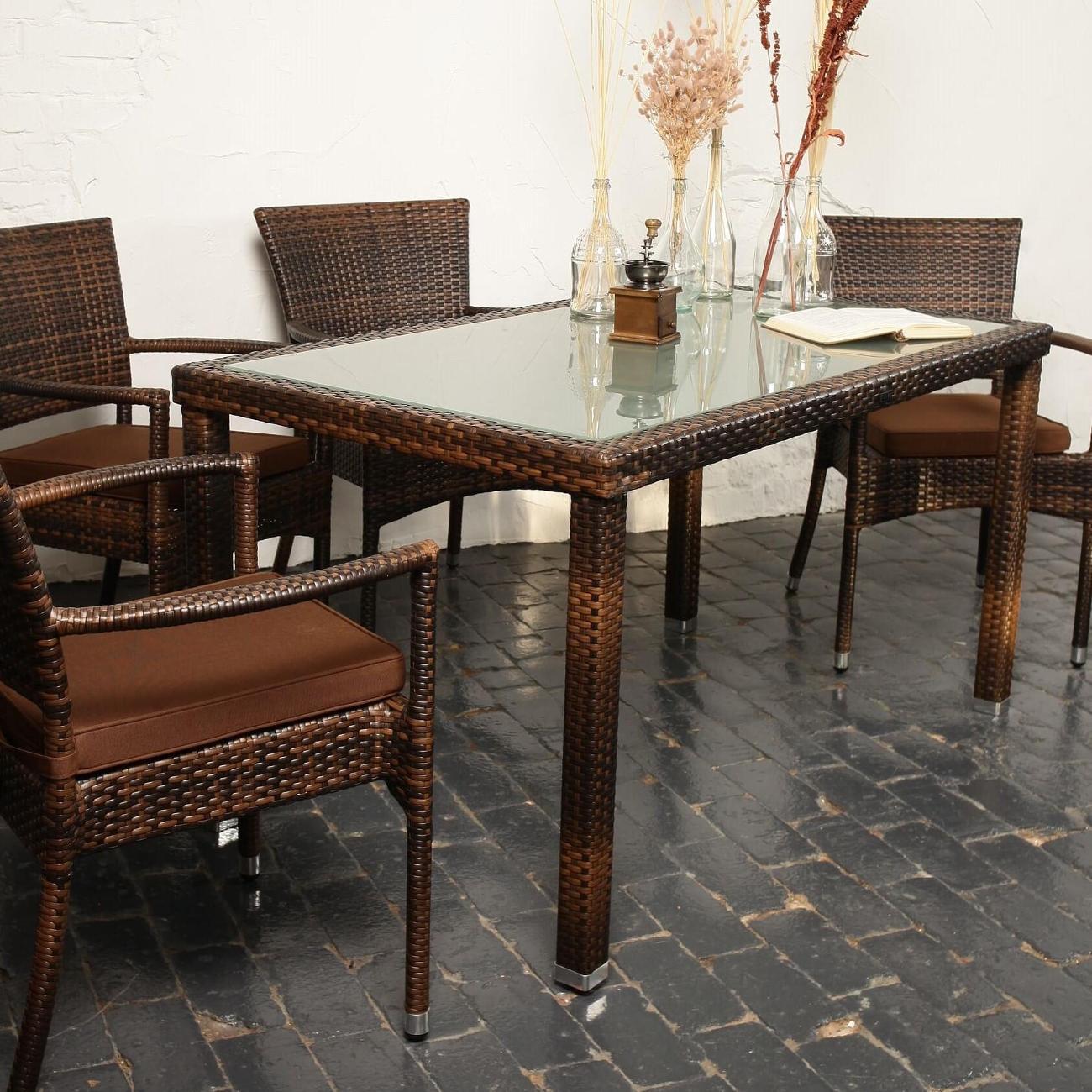 Стол садовый KONWAY из ротанга Панама под кожу 120х80х75 см со стеклянной столешницей