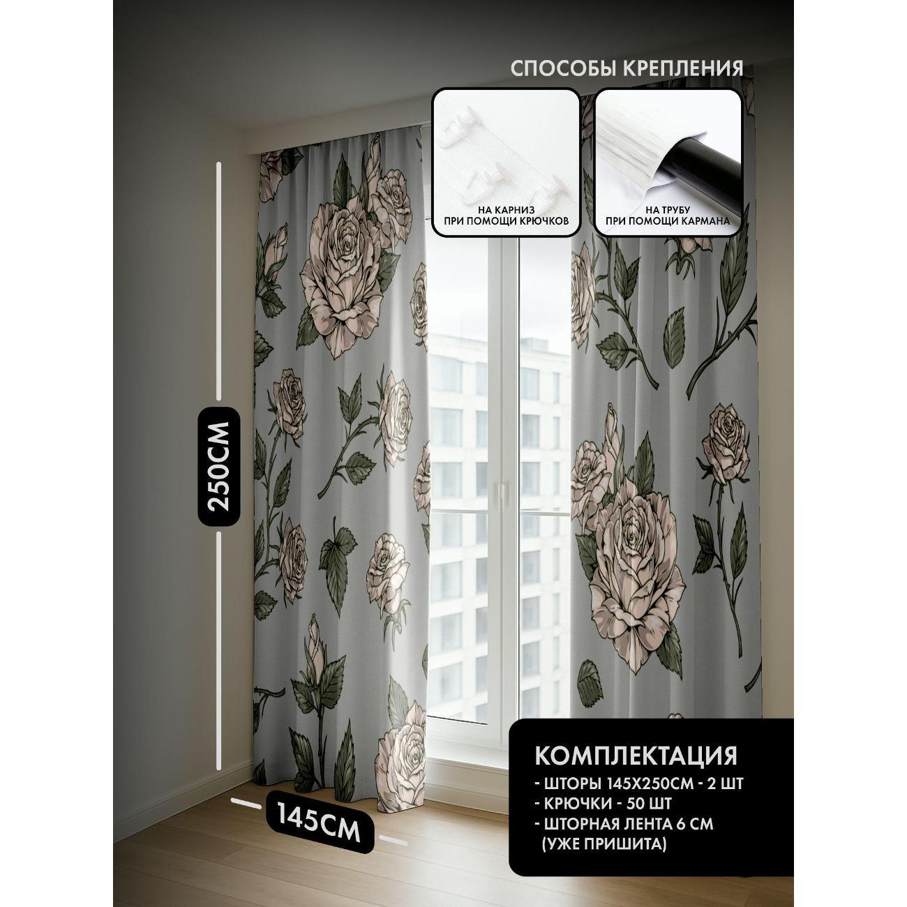 Фотошторы 365home Узор из роз и листьев на сером FP358046230