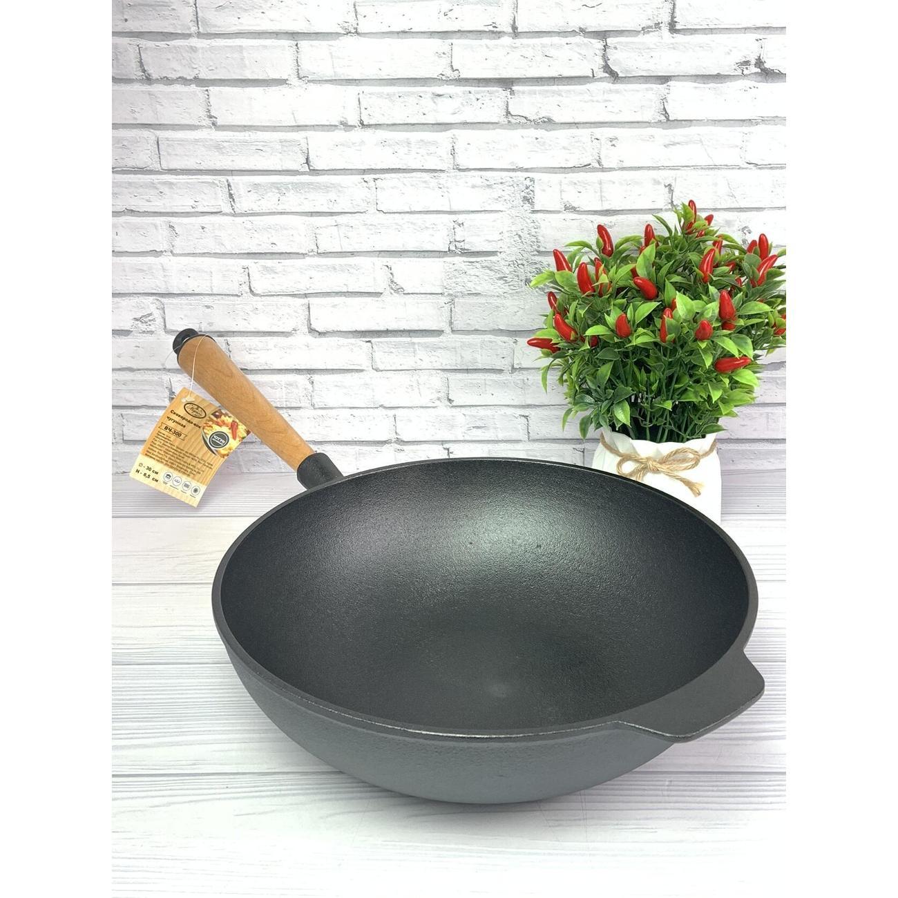 Вок Мерали чугунная 30 см съемная деревянная ручка, черный