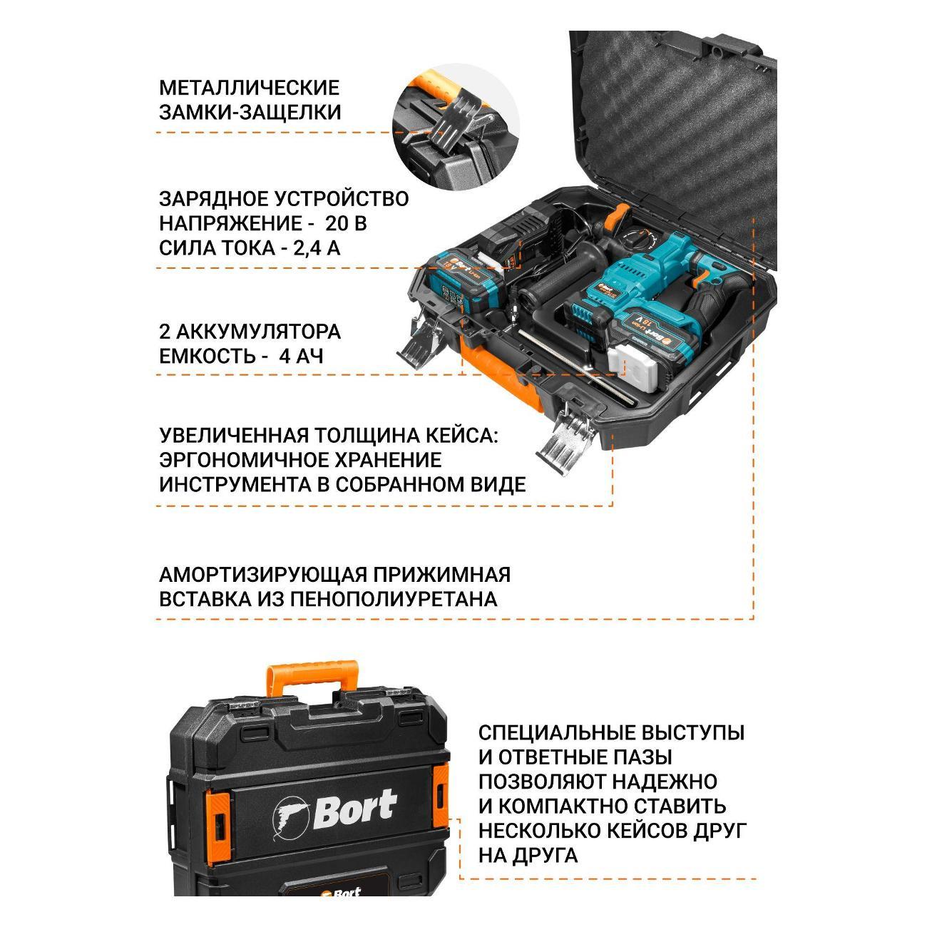 Перфоратор аккумуляторный Bort BHD-20Li-SR (2x4,0Ач+ЗУ)