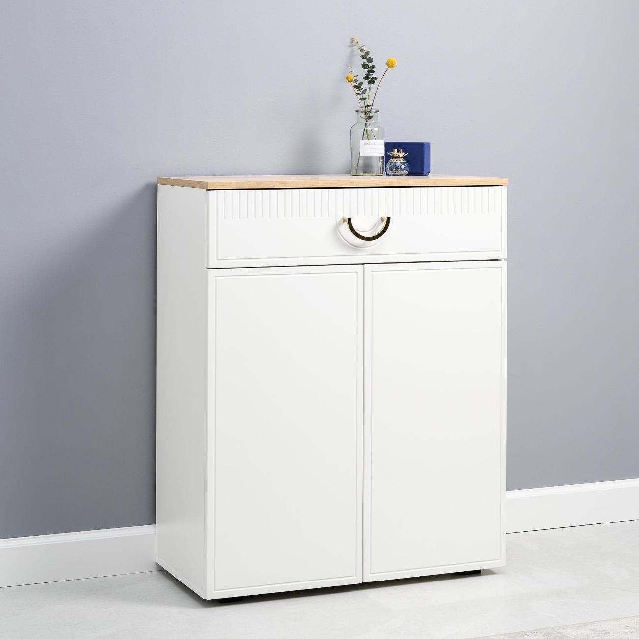 Комод Logium Интерия 16.247, Белый шагрень, Дуб эндгрейн элег.