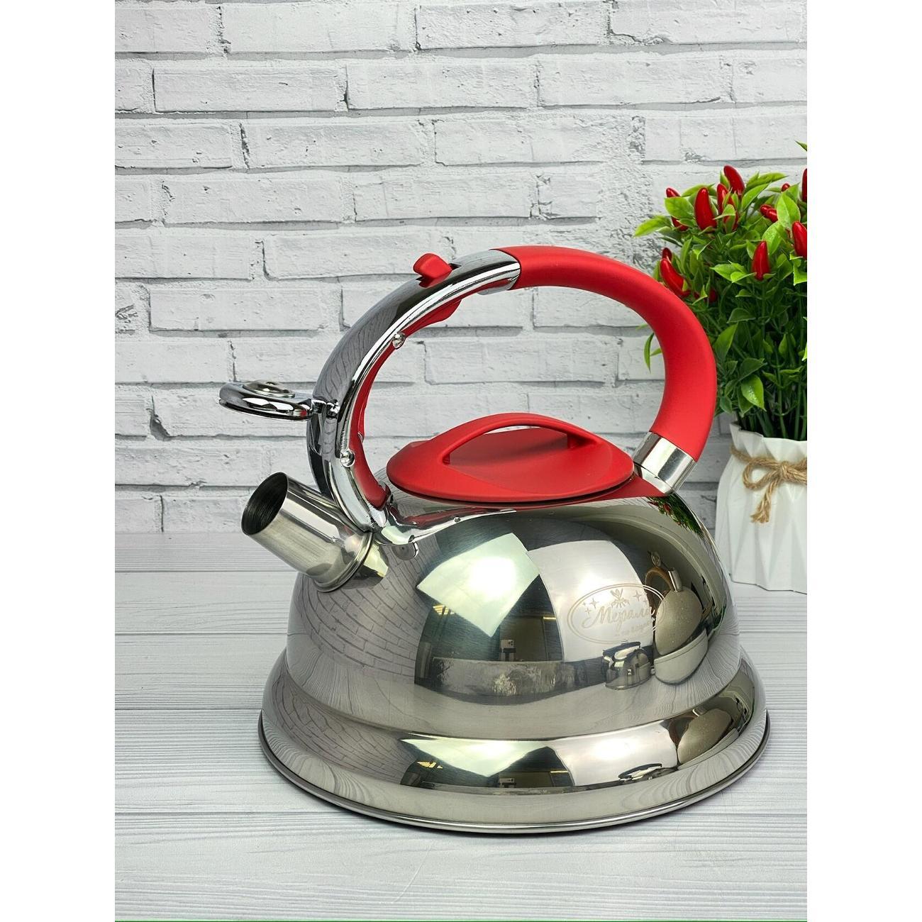 Чайник Мерали ЧН-30-09, 3 л, для всех видов плиты со свистком из нержавеющей стали, красный