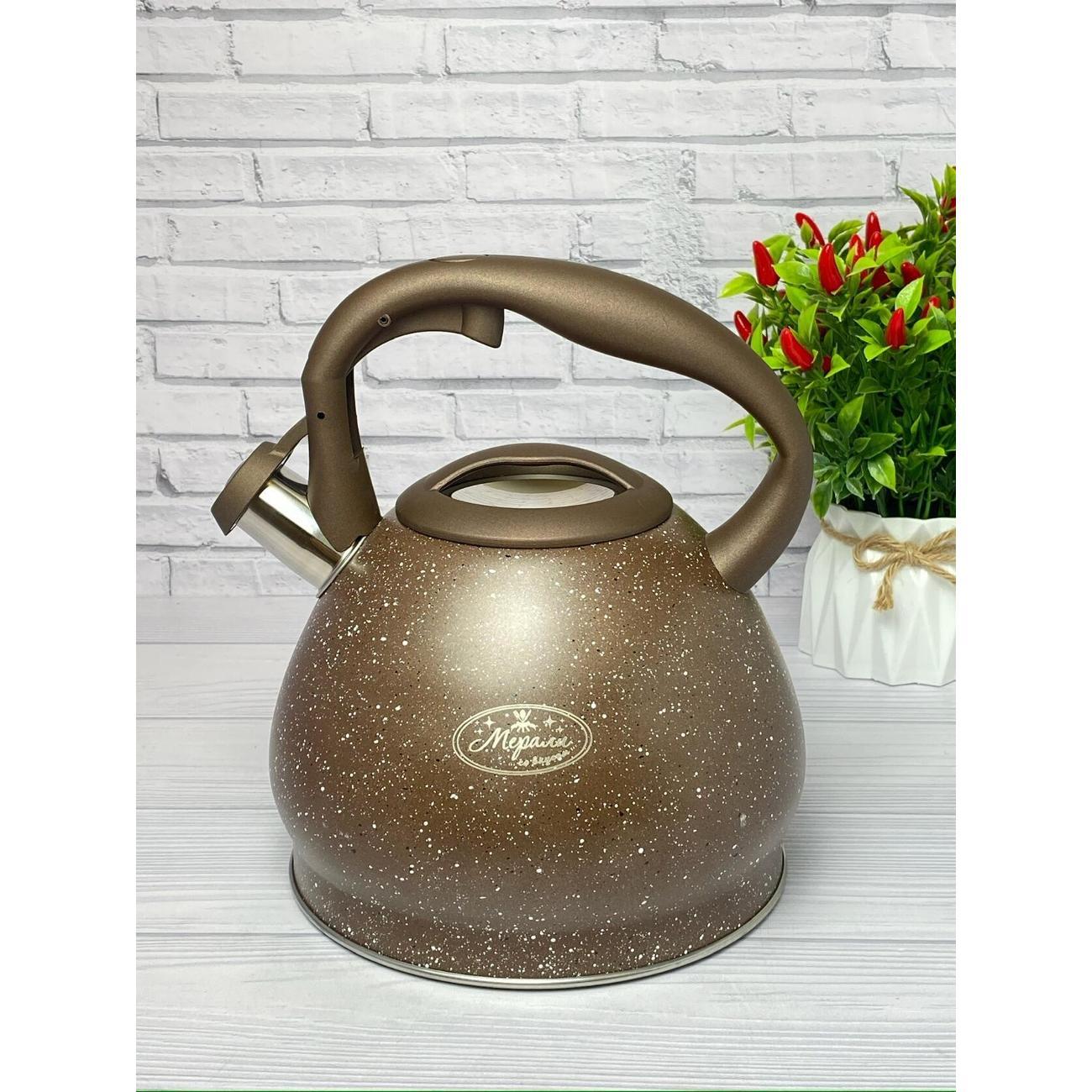 Чайник Мерали ЧН-30-12, 3 л для всех видов плиты со свистком из нержавеющей стали, коричневый