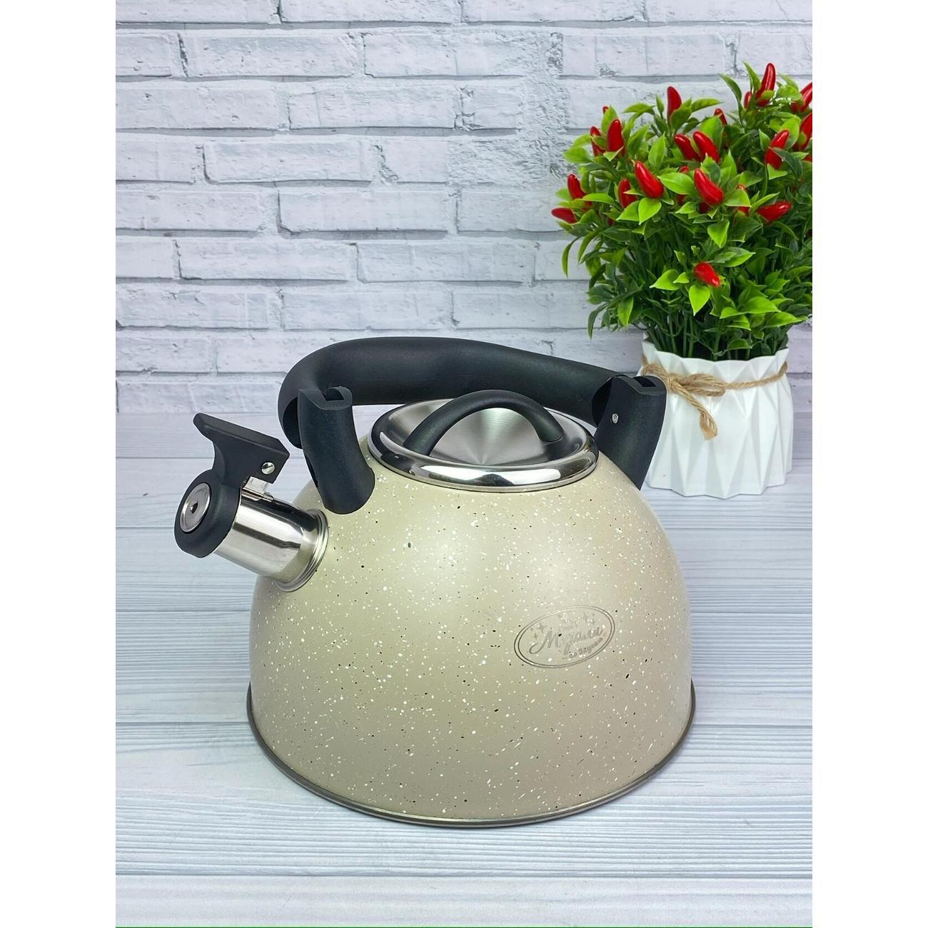 Чайник Мерали ЧН-30-19, 3 л, нержавеющая сталь для всех видов плит со складной ручкой, молочный