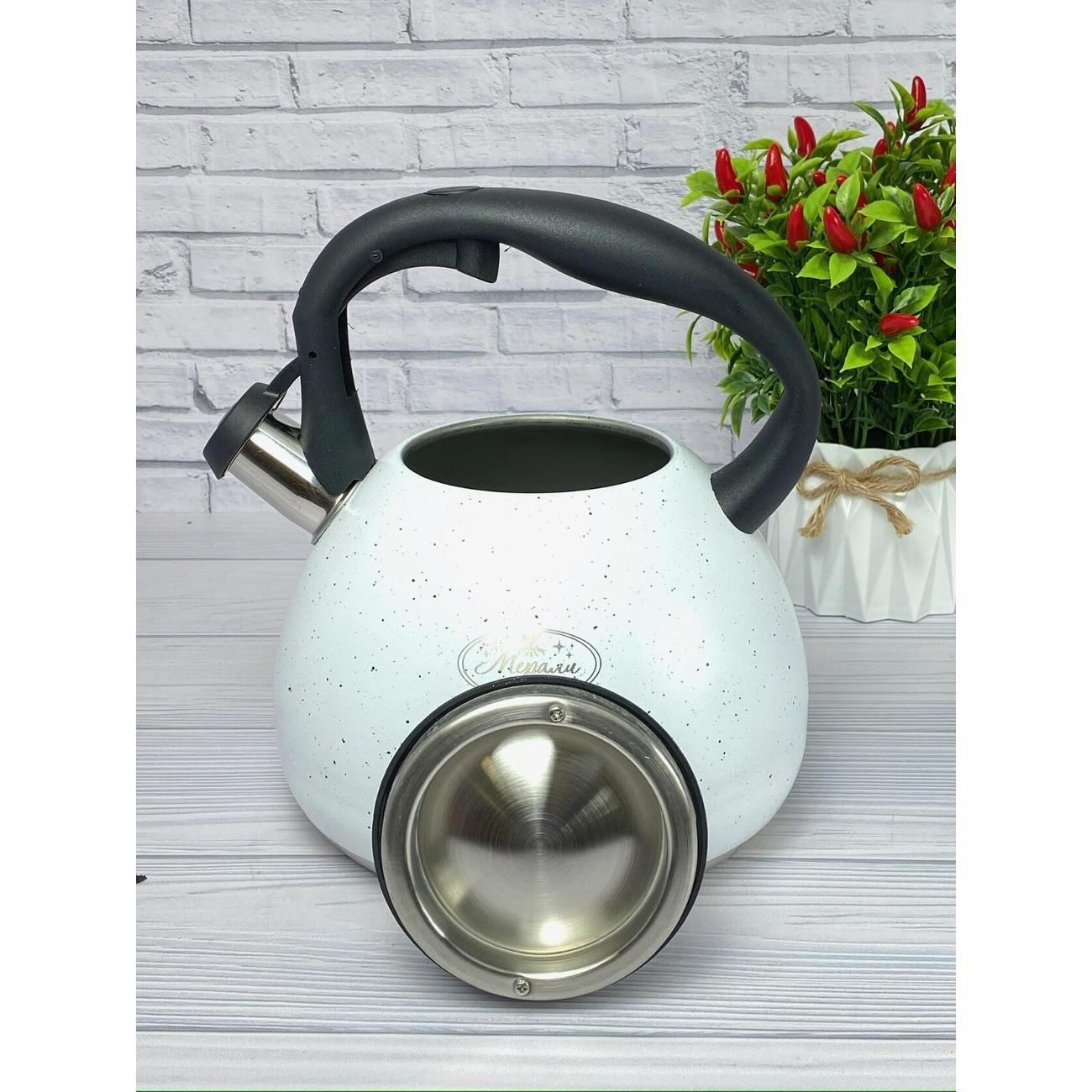 Чайник Мерали ЧН-30-20, 3 л, нержавеющая сталь для всех видов плит со складной ручкой, белый