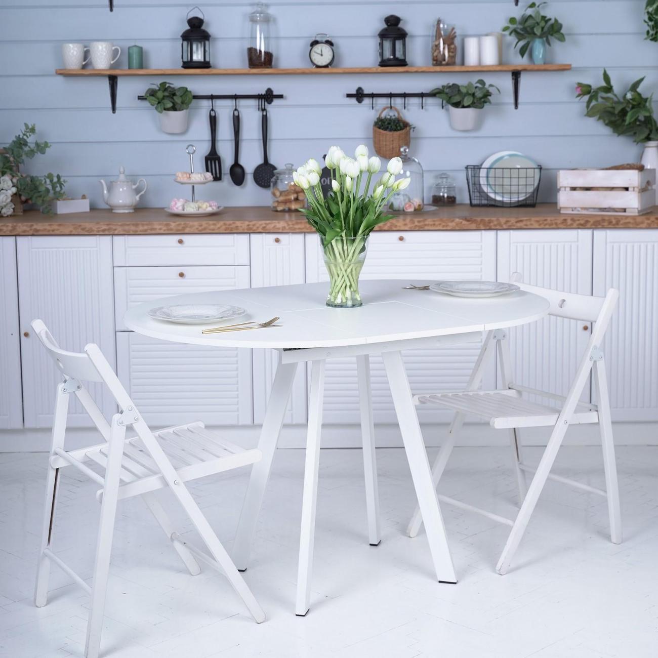 Стол обеденный Frenesie Элип профиль кухонный круглый раздвижной, белый шагрень, 85х85/120х75 см.