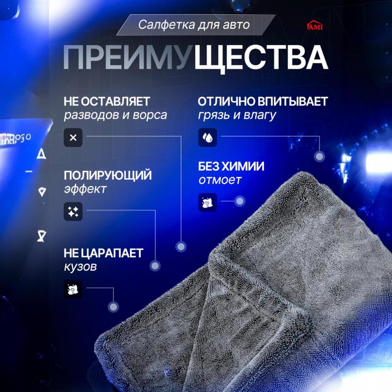 Салфетка для полировки автомобиля Ami Clean серая