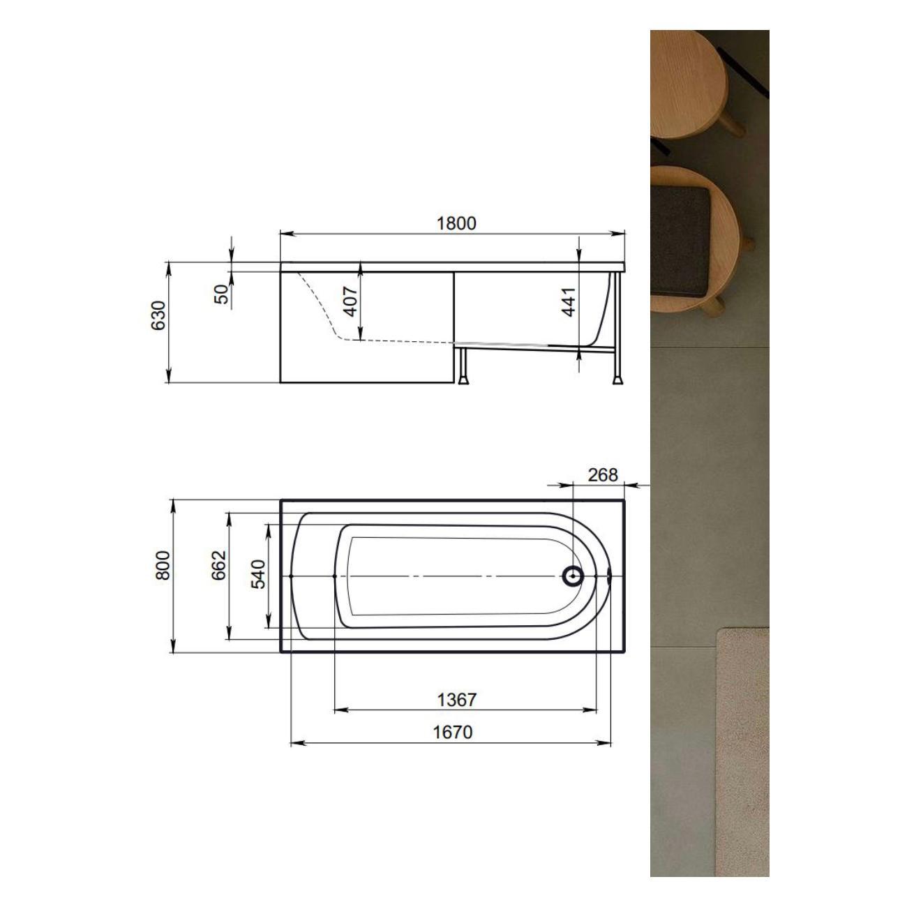 Ванна Timo Акриловая MIKA 180*80 на каркасе с переливом полу