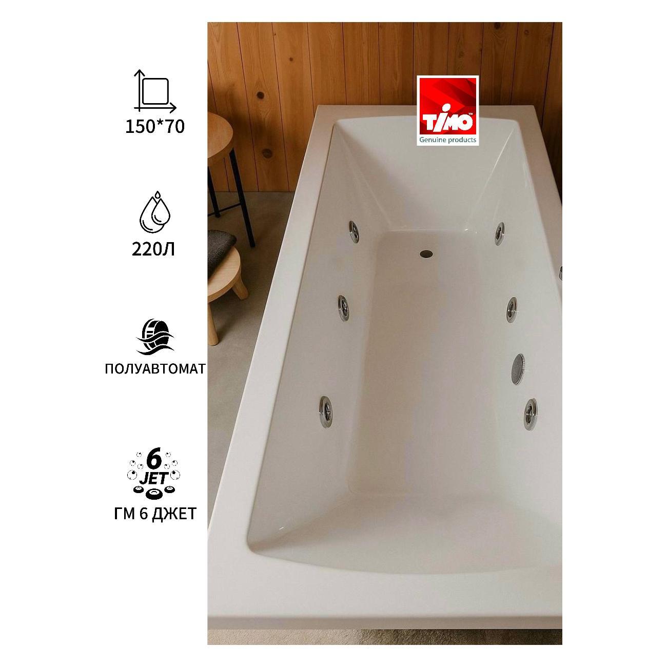 Ванна Timo Гидромассажная акриловая 6 джет RITTA1570 150*70*63 на каркасе с переливом