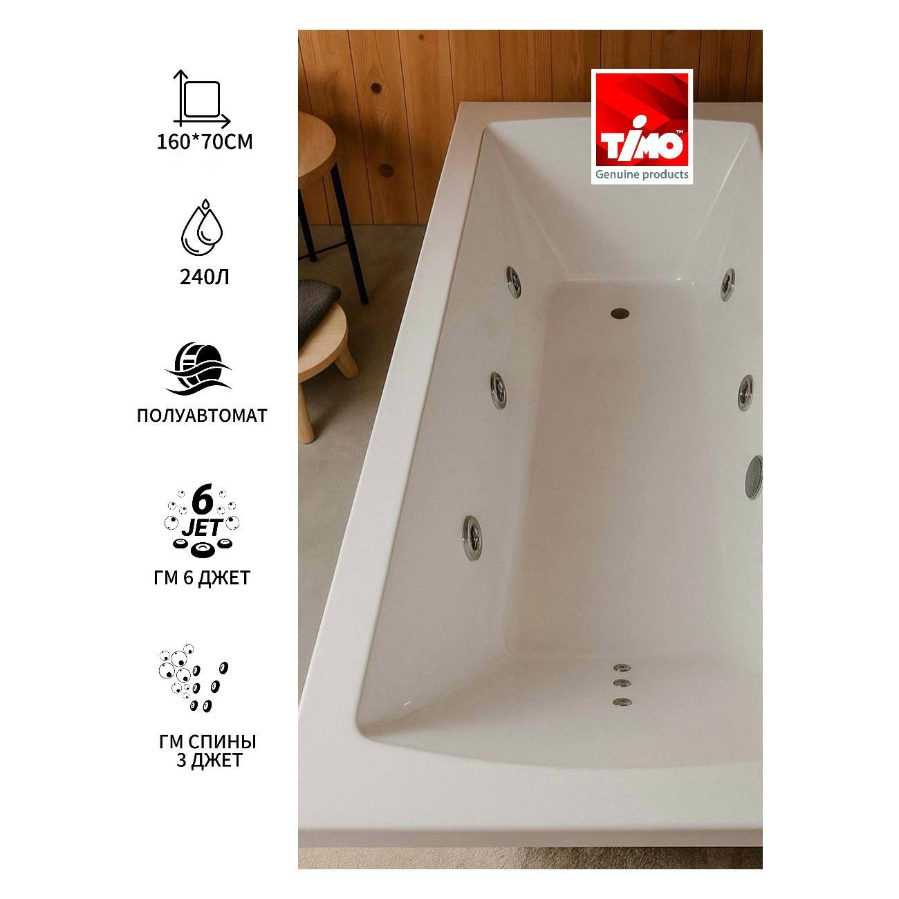 Ванна Timo Гидромассажная акриловая 6 и 3 джет RITTA1670 160*70*63 на каркасе с переливом