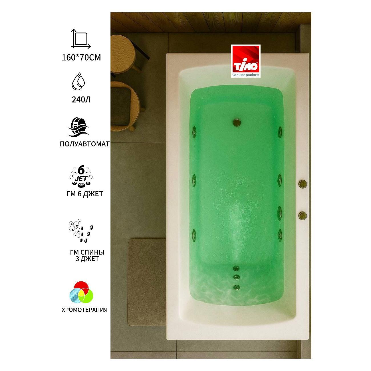 Ванна Timo Гидромассажная акриловая 6 и 3 джет RITTA1670 160*70*63 с хромотерапией на каркасе с переливом