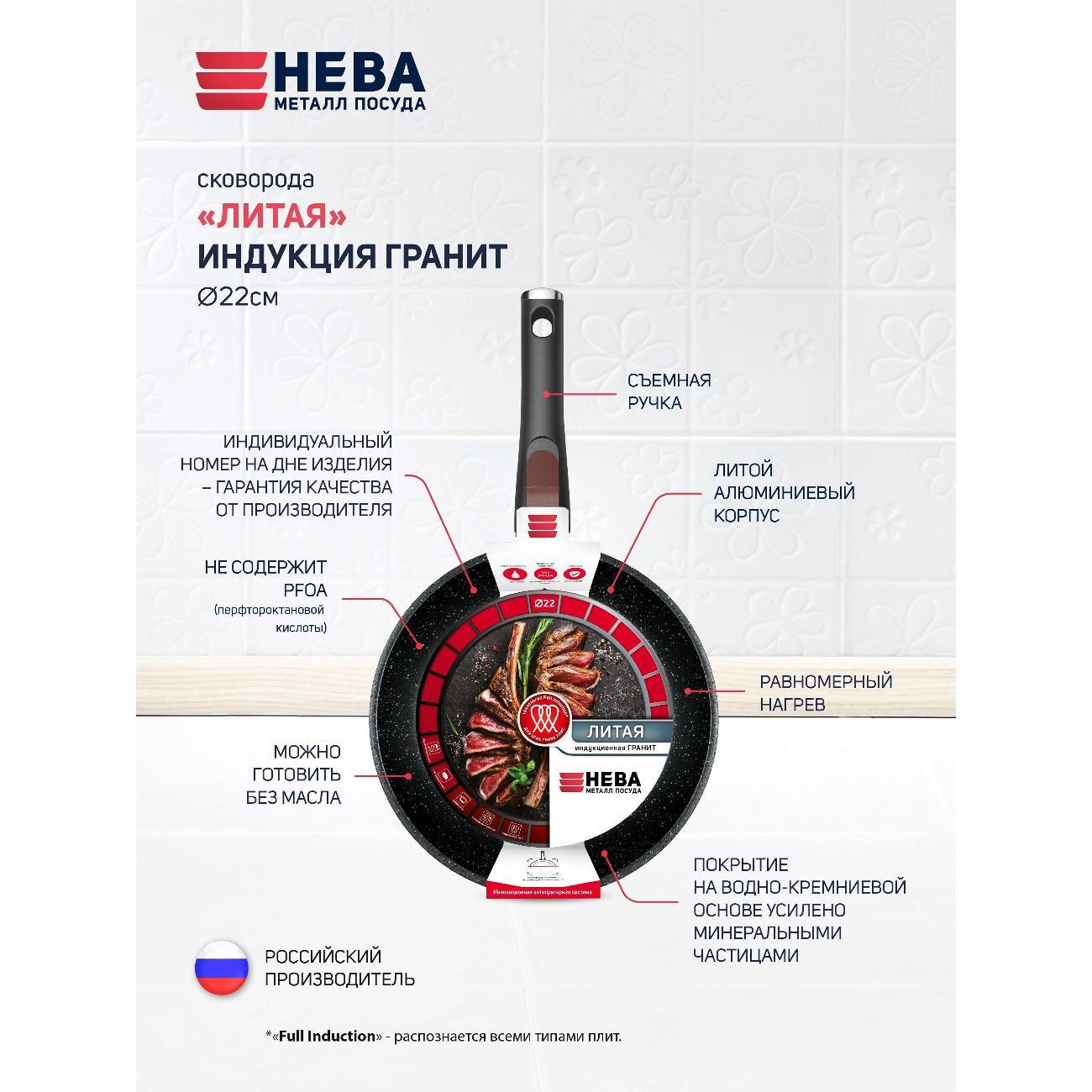 Сковорода Нева Металл Посуда 22 см со съемной ручкой Индукция Гранит