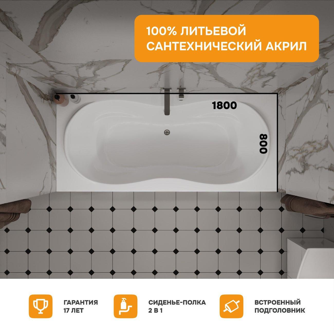 Ванна MODULEASY акриловая 180х80 см MIKE в комплекте 4в1: Прямоугольная, фронтальная панель, рама, слив-перелив 01май1880кп