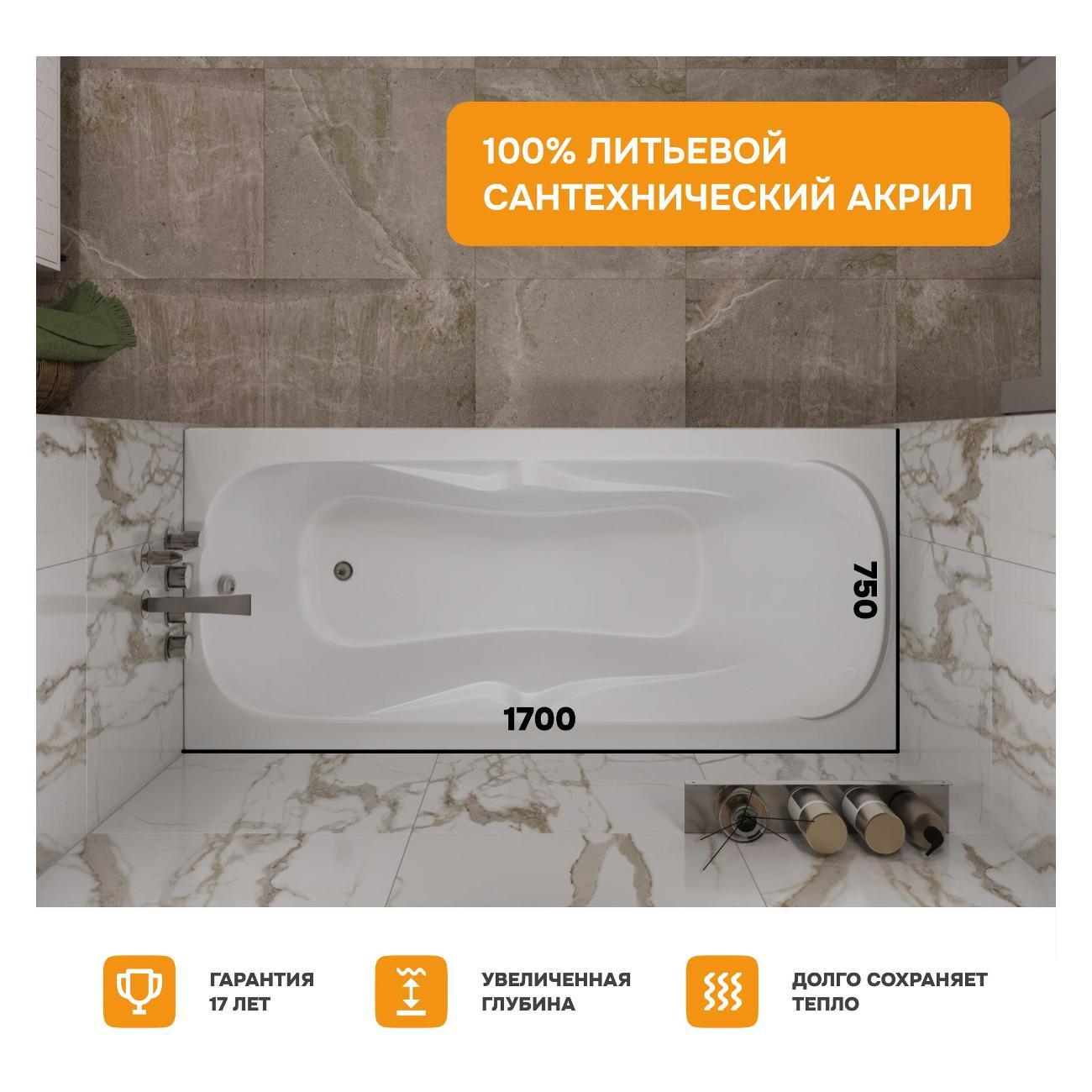 Ванна MODULEASY акриловая 170х75 см DYLAN в комплекте 4в1: Прямоугольная, фронтальная панель, рама, слив-перелив 12017894майлкп