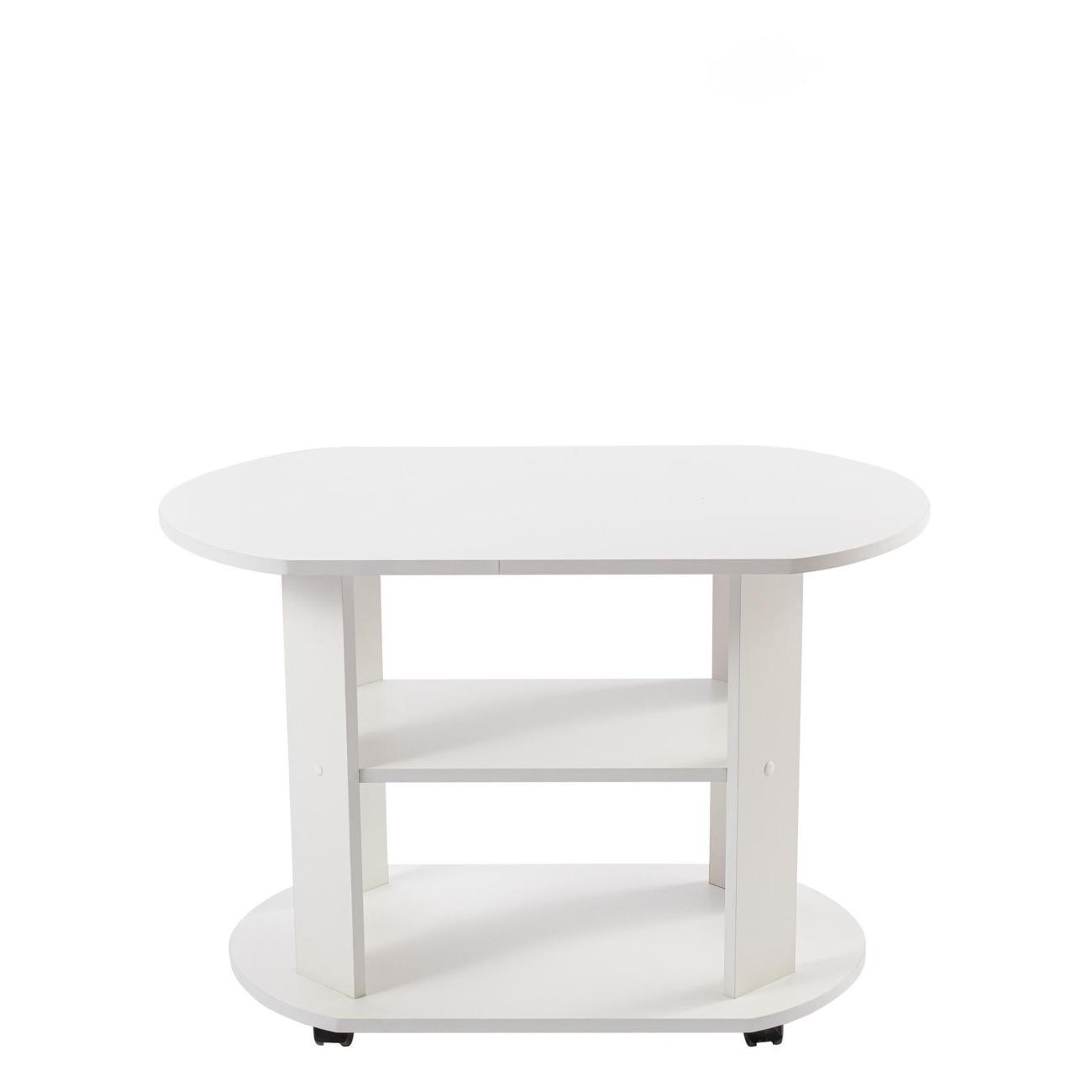 Стол журнальный Frenesie белый на колесиках овальный с полками в гостиную, 84х54х58 см.