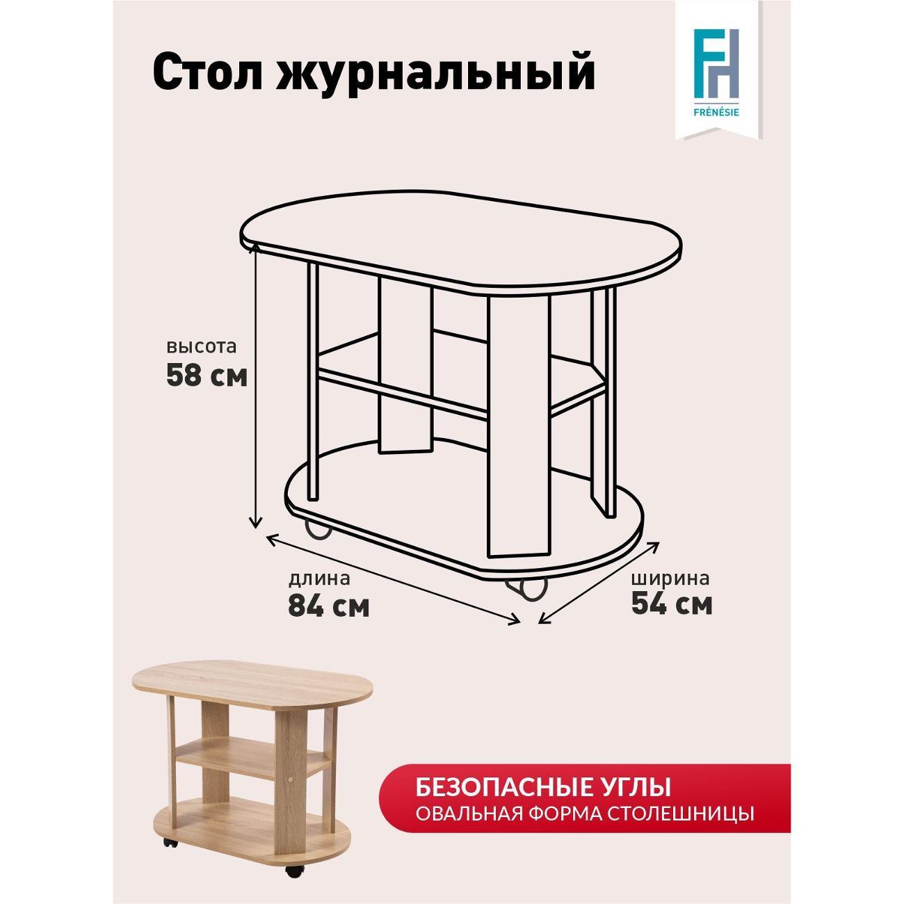 Стол журнальный Frenesie на колесиках круглый с полками в гостиную, дуб сонома, 84х54х58 см.