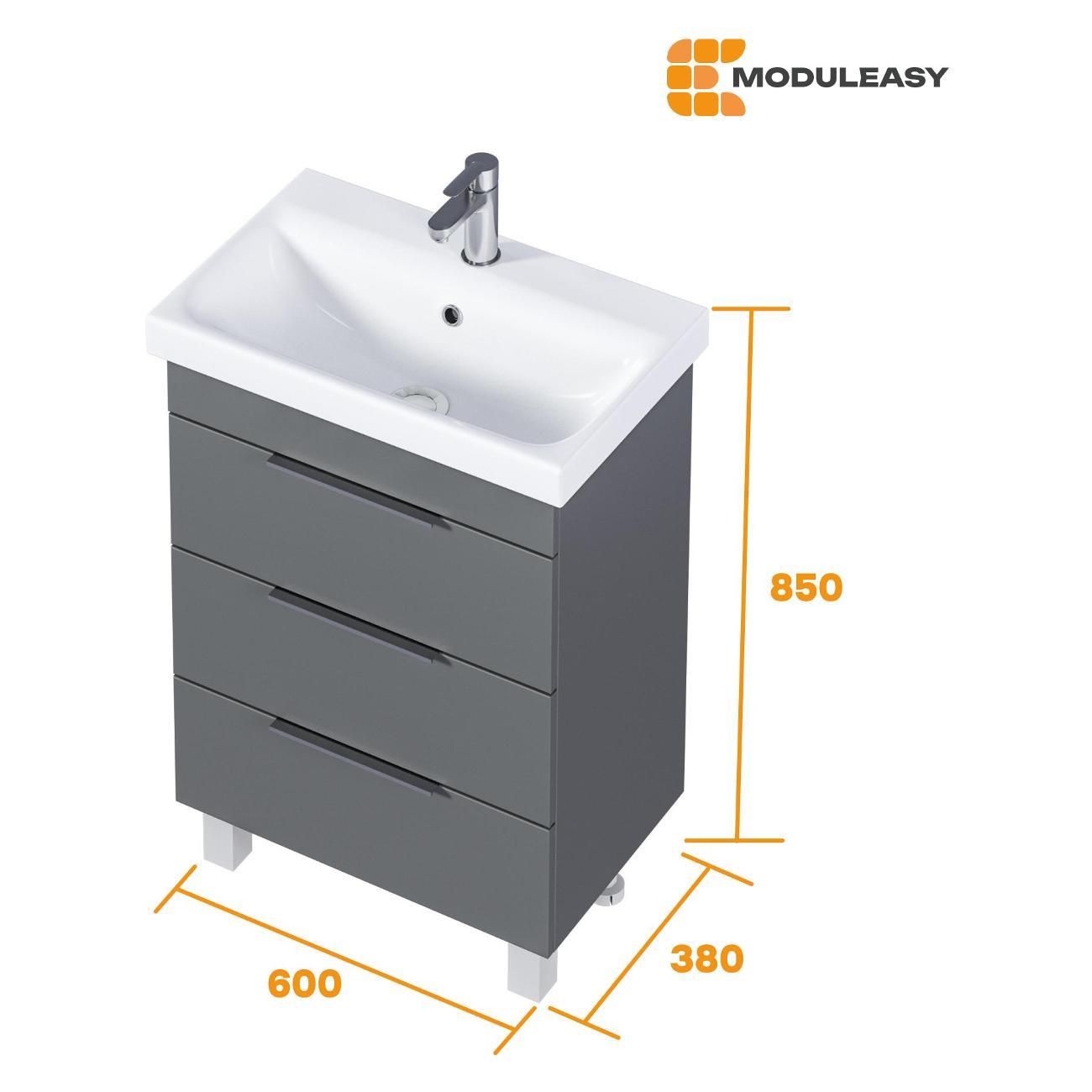 Тумба для ванной MODULEASY Напольная с раковиной SABINA 60х38 см, 3 ящика, цвет Графит Ц0000040910