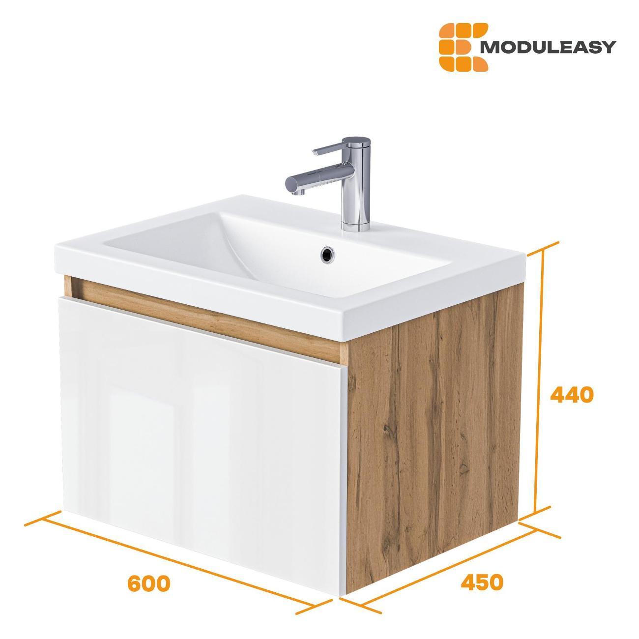 Тумба для ванной MODULEASY Подвесная с раковиной 60х45 см ARONI, цвет Дуб Вотан/Белый глянец Ц0000042909