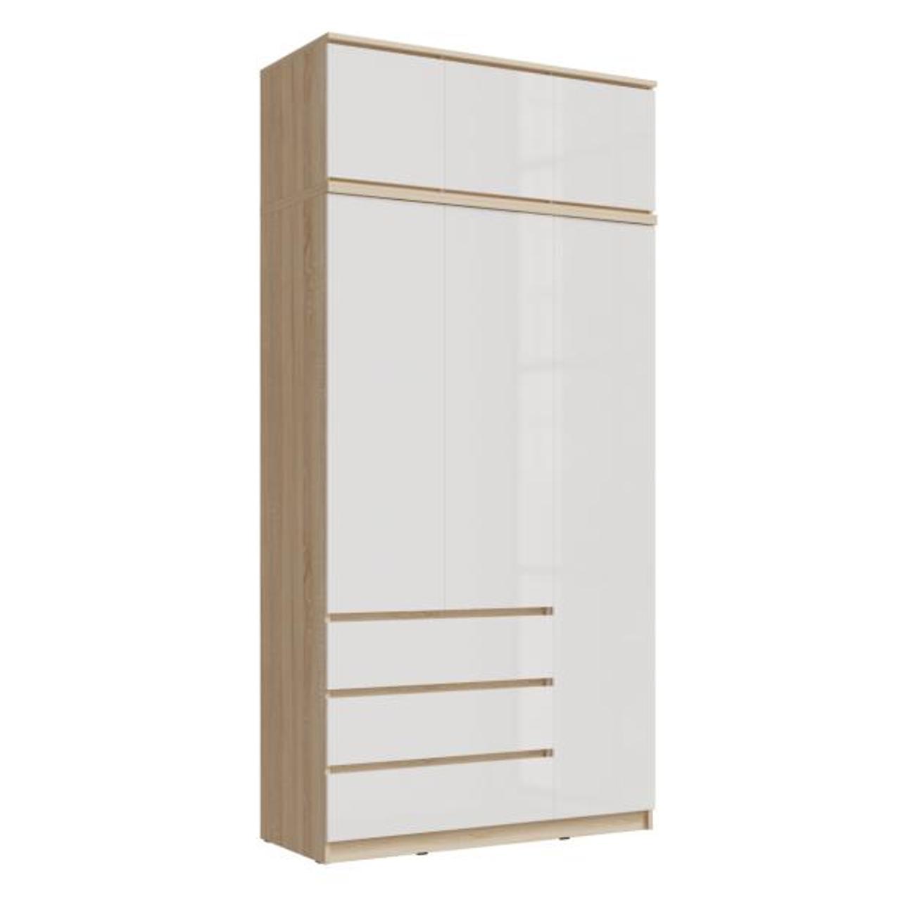 Шкаф распашной МИФ Мебель Трехдверный для одежды с антресолью, сонома/белый глянец, ЛДСП