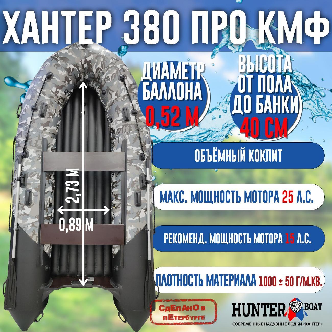 Лодка надувная Hunterboat 380 ПРО КМФ черный камуфляж