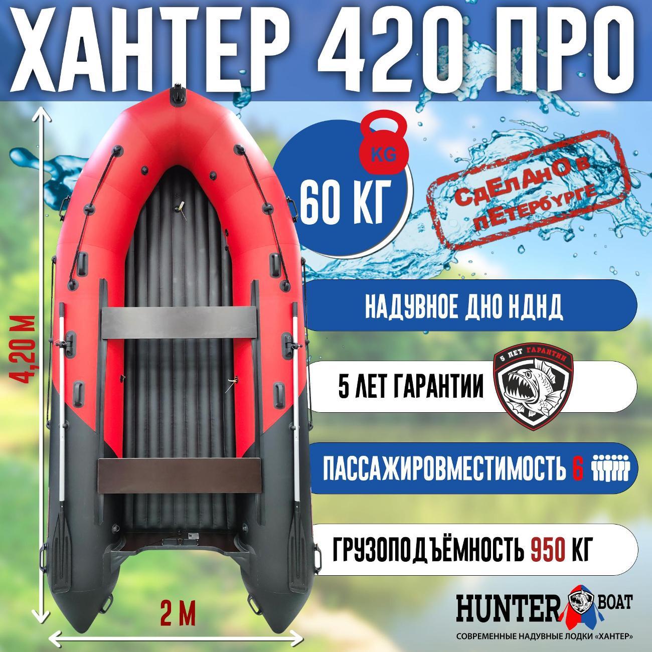 Лодка надувная Hunterboat 420 ПРО красная с черным