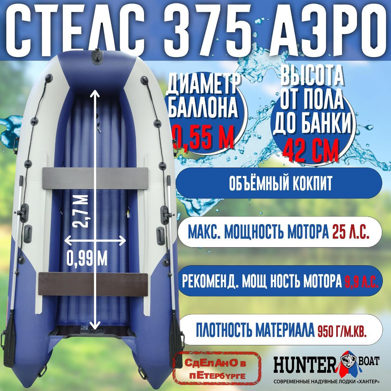 Лодка надувная Hunterboat Стелс 375 Аэро белая с синим