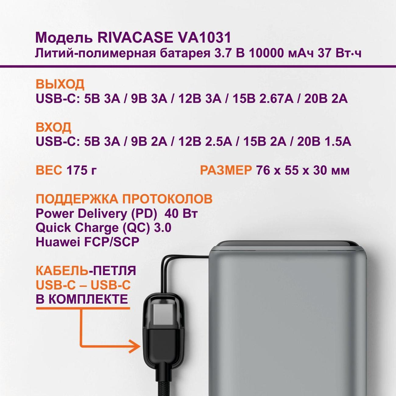 Внешний аккумулятор RIVACASE VA1031 Turbo 10000mAh AVS PD40W темно-серый