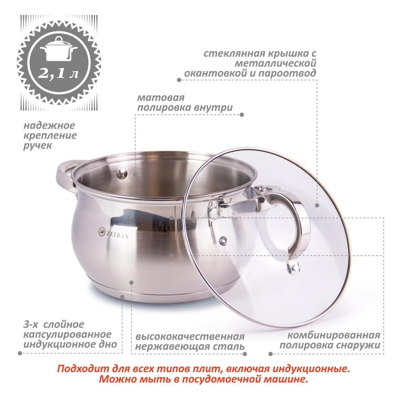 Кастрюля Zeidan 2,1 л из нержавеющей стали с крышкой Z-50237