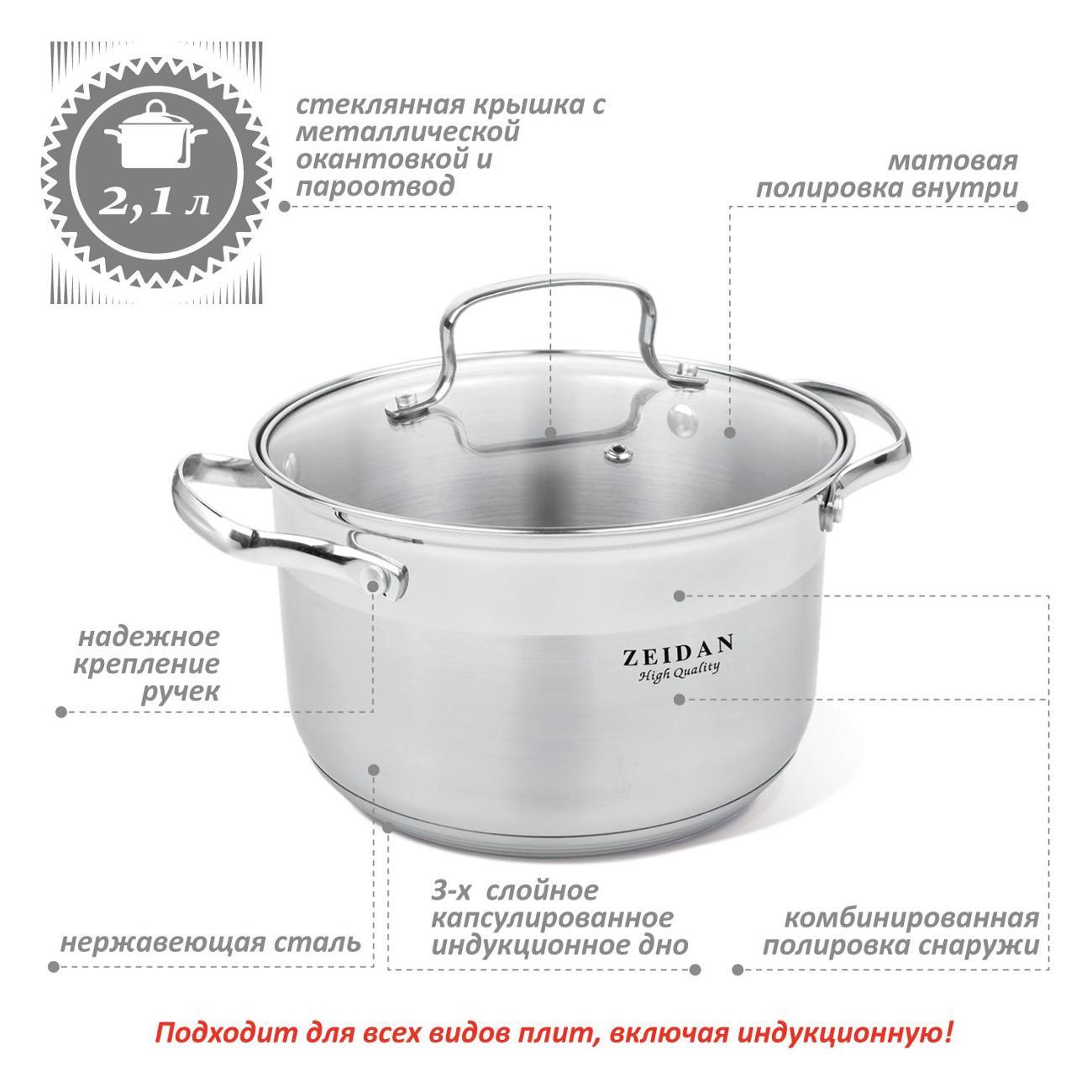 Кастрюля Zeidan 2 л из нержавеющей стали с крышкой Z-50242
