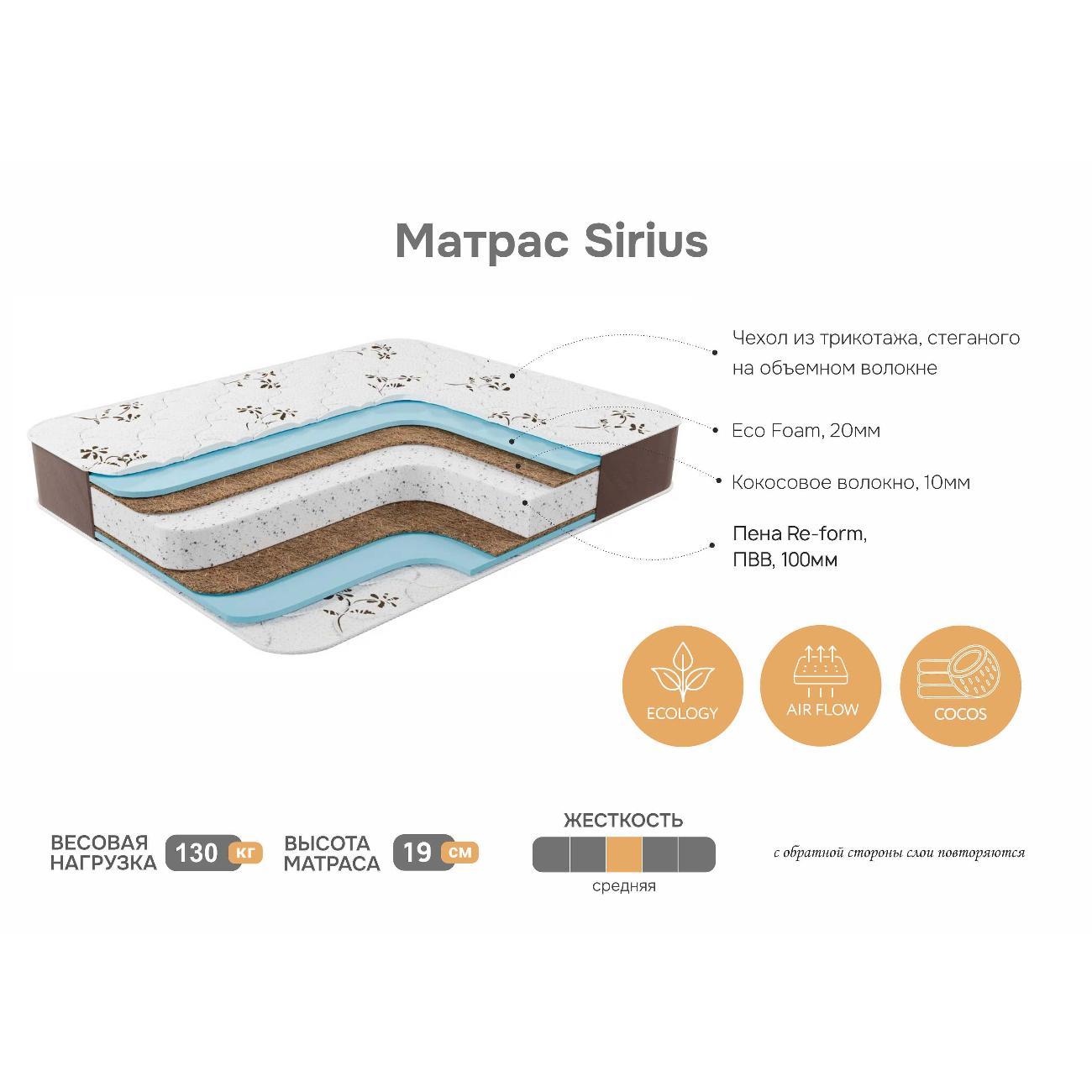 Матрас 160х200 Сириус беспружинный, высота 19 см, весовая нагрузка 130 кг