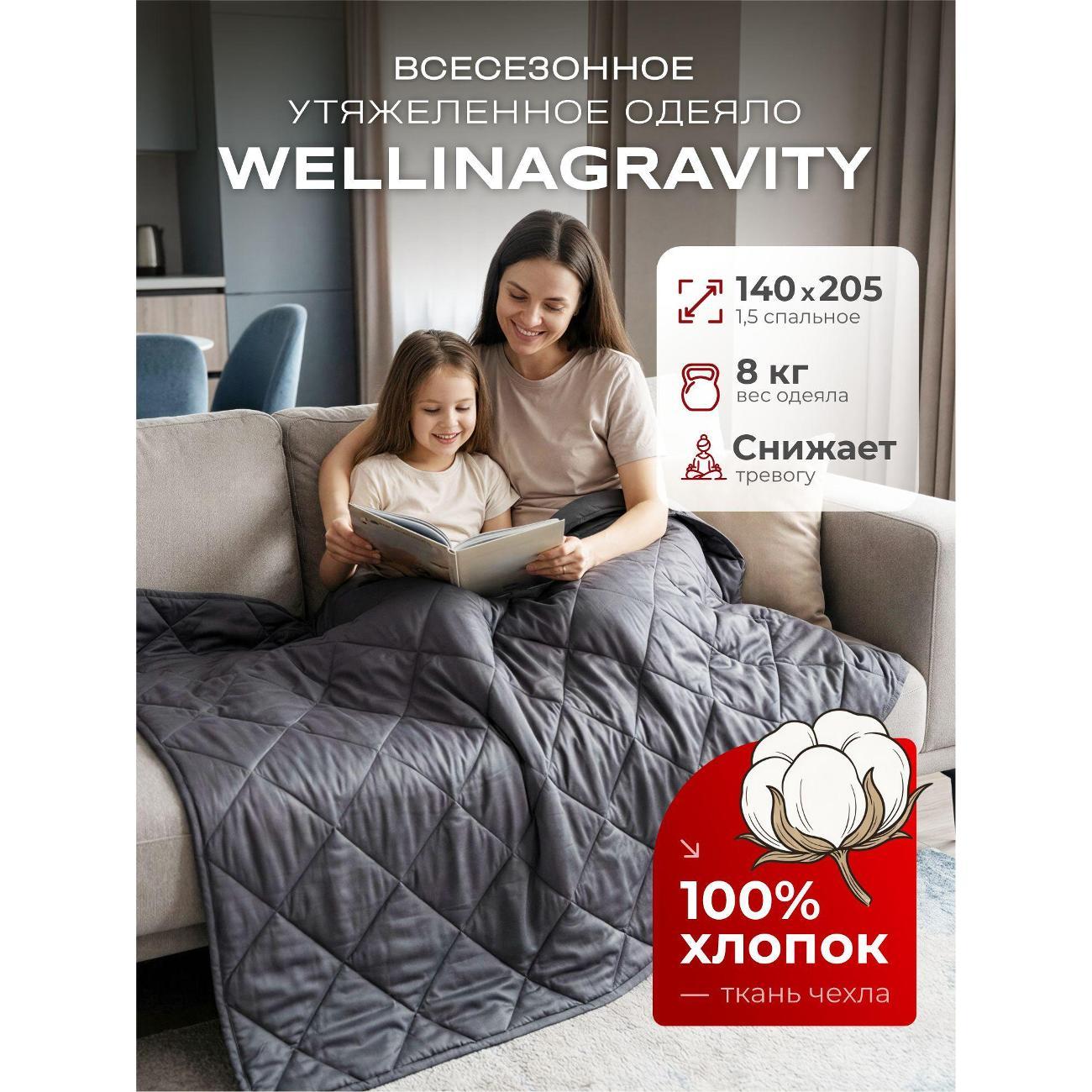 Одеяло WELLINAGRAVITY тяжелое 8 кг 140х205 1.5 спальное WGS-15/темно-серое-8