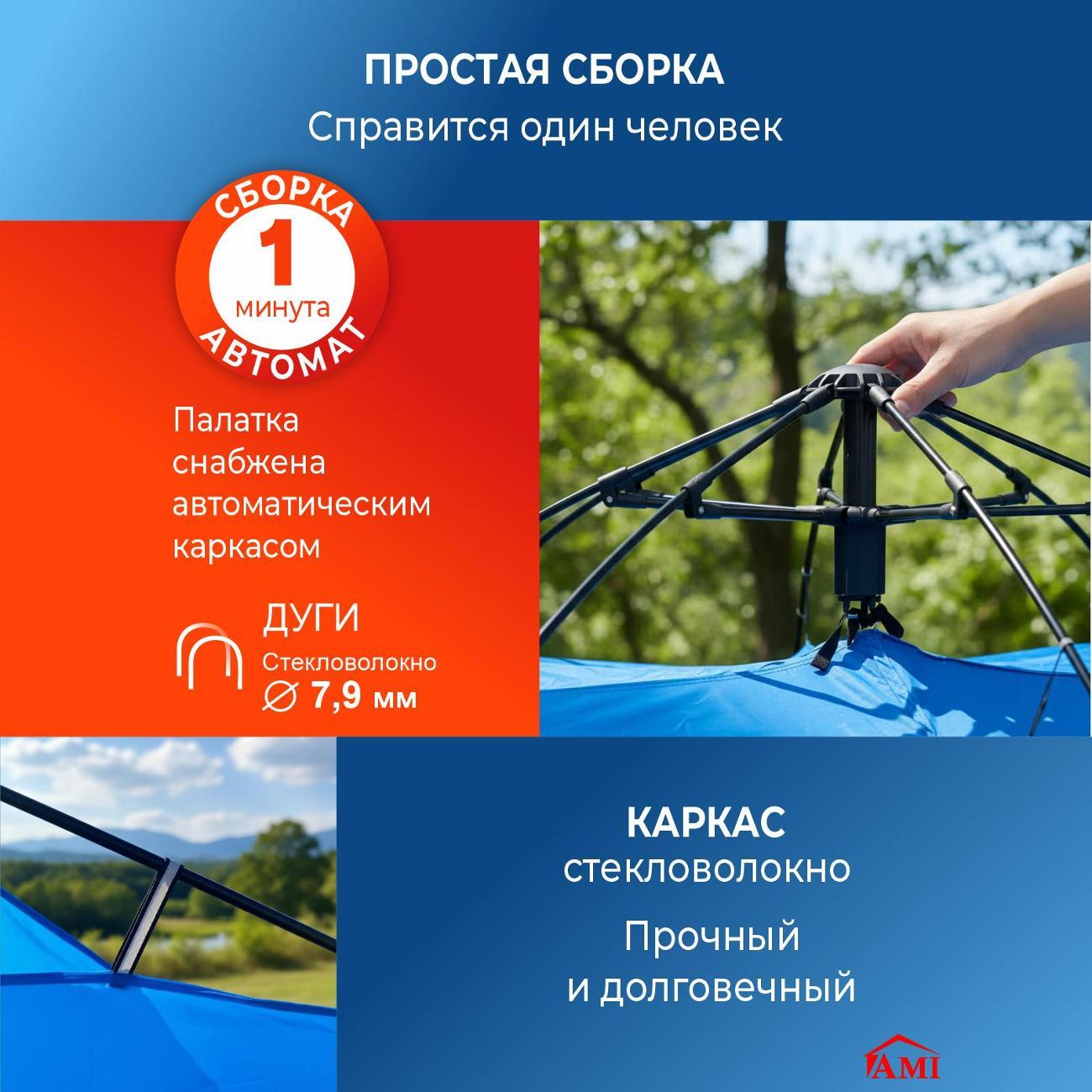 Палатка туристическая Ami Travel-4 голубой 4 местная автоматическая