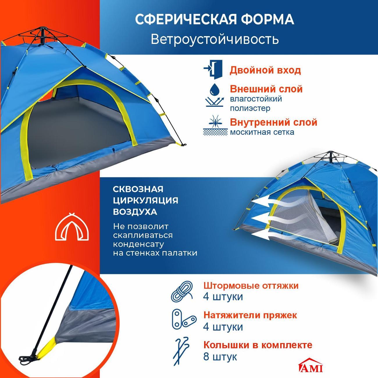 Палатка туристическая Ami Travel-4 голубой 4 местная автоматическая