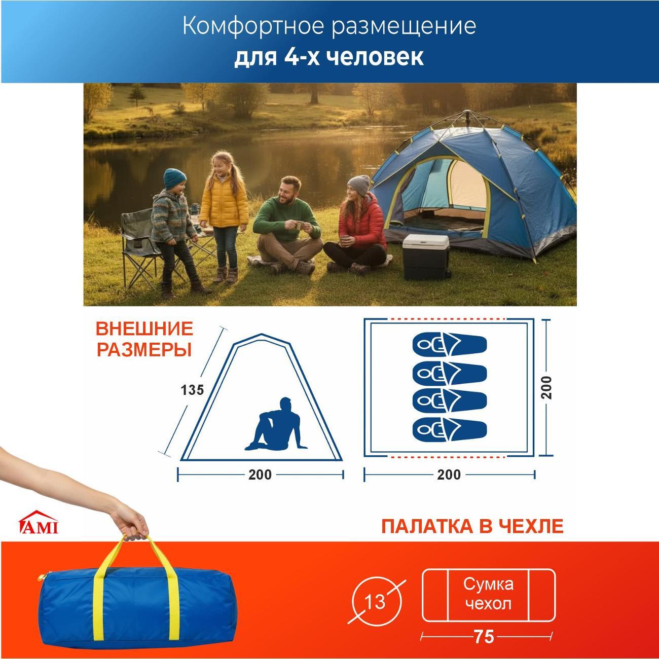 Палатка туристическая Ami Travel-4 голубой 4 местная автоматическая