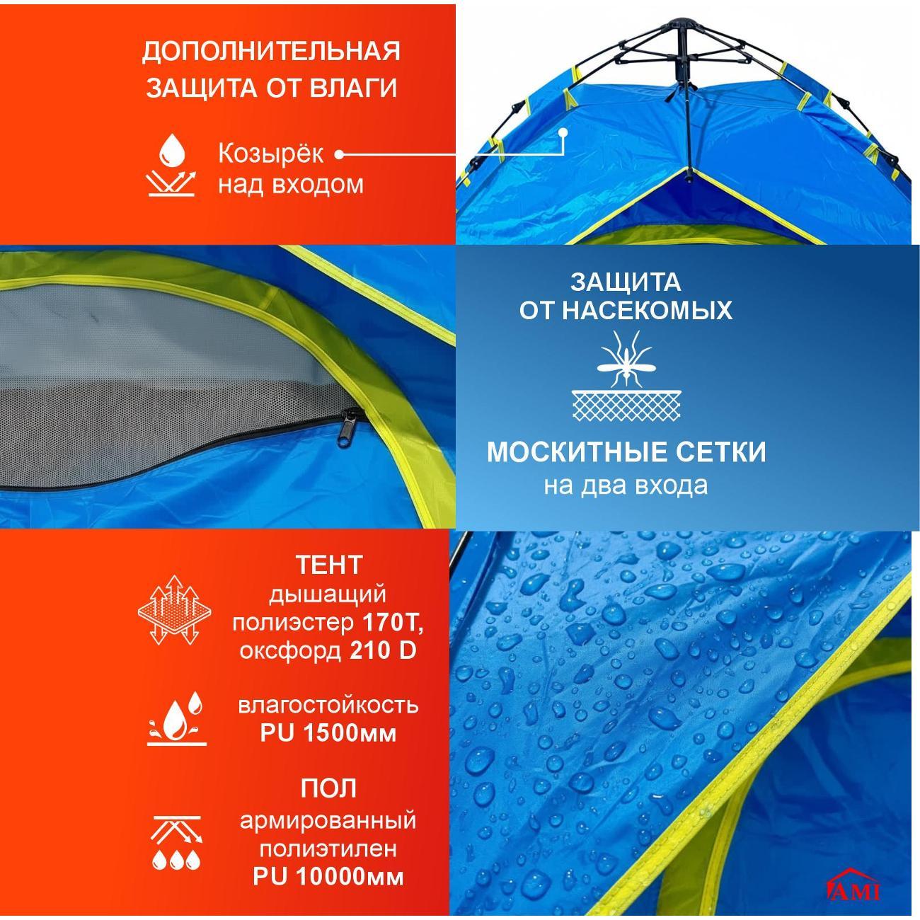 Палатка туристическая Ami Travel-4 голубой 4 местная автоматическая