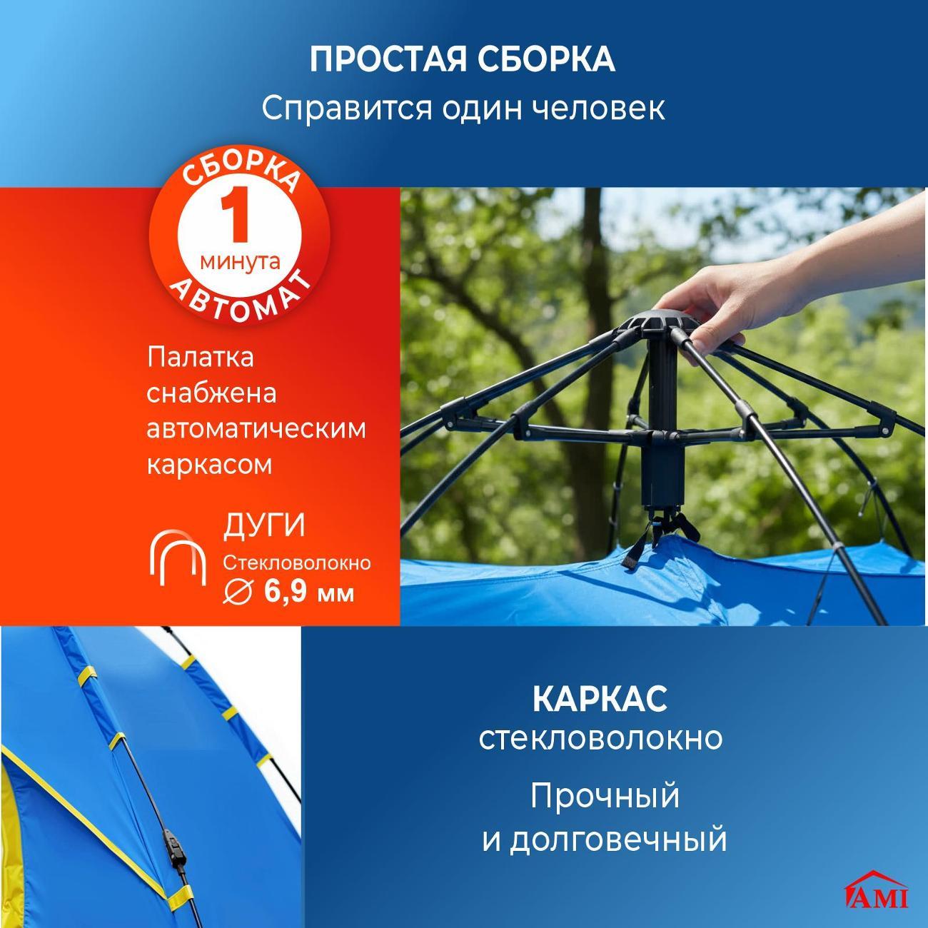 Палатка туристическая Ami Travel-2 голубой 2 местная автоматическая