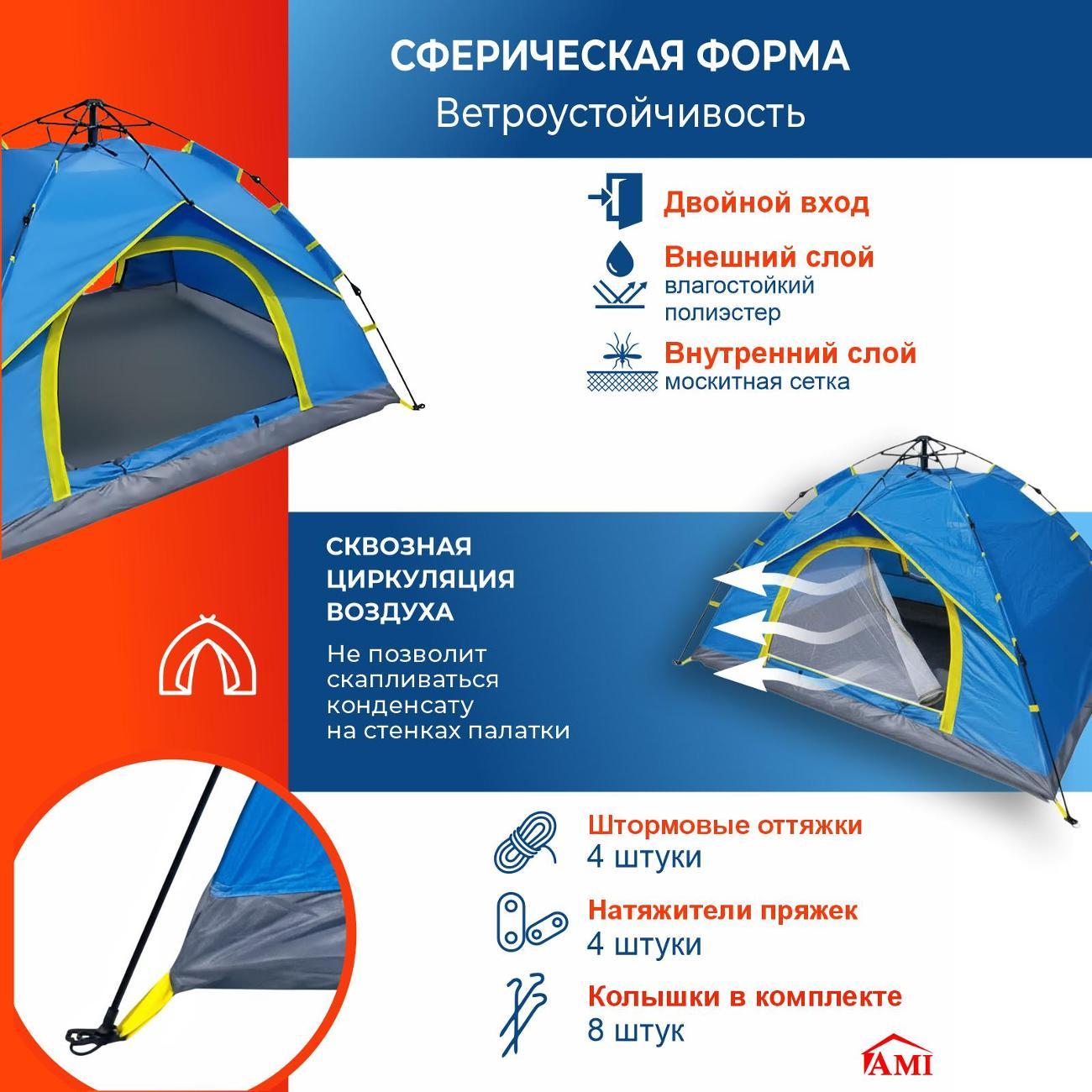 Палатка туристическая Ami Travel-2 голубой 2 местная автоматическая