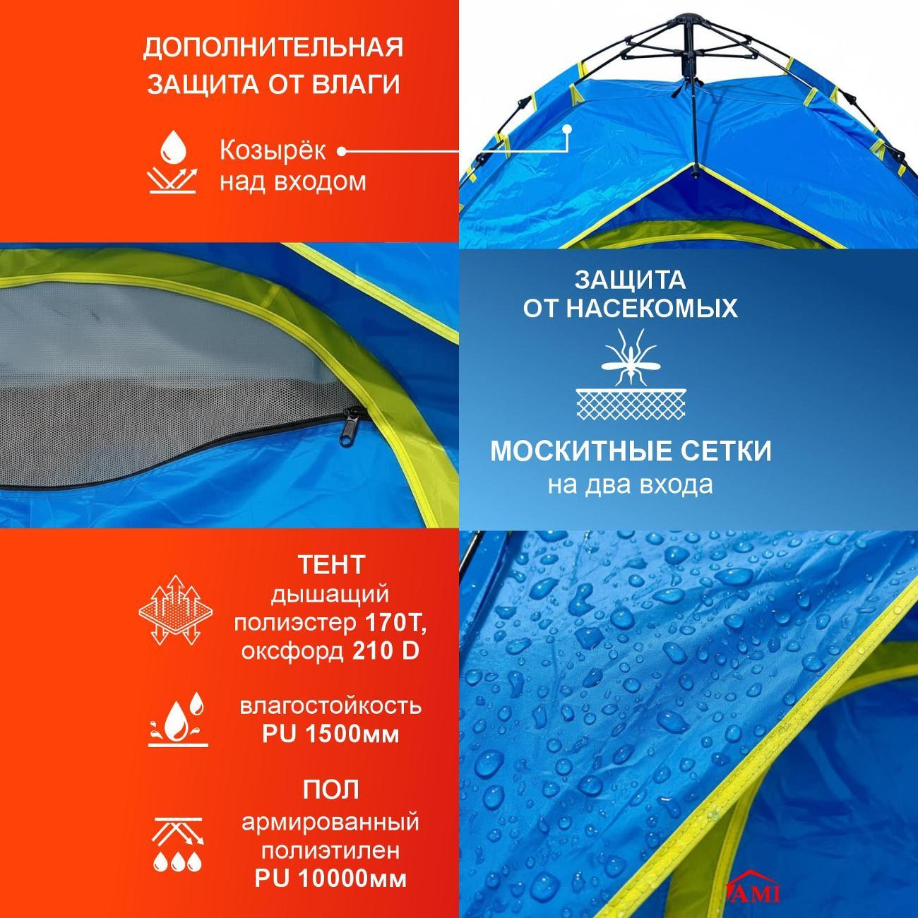 Палатка туристическая Ami Travel-2 голубой 2 местная автоматическая