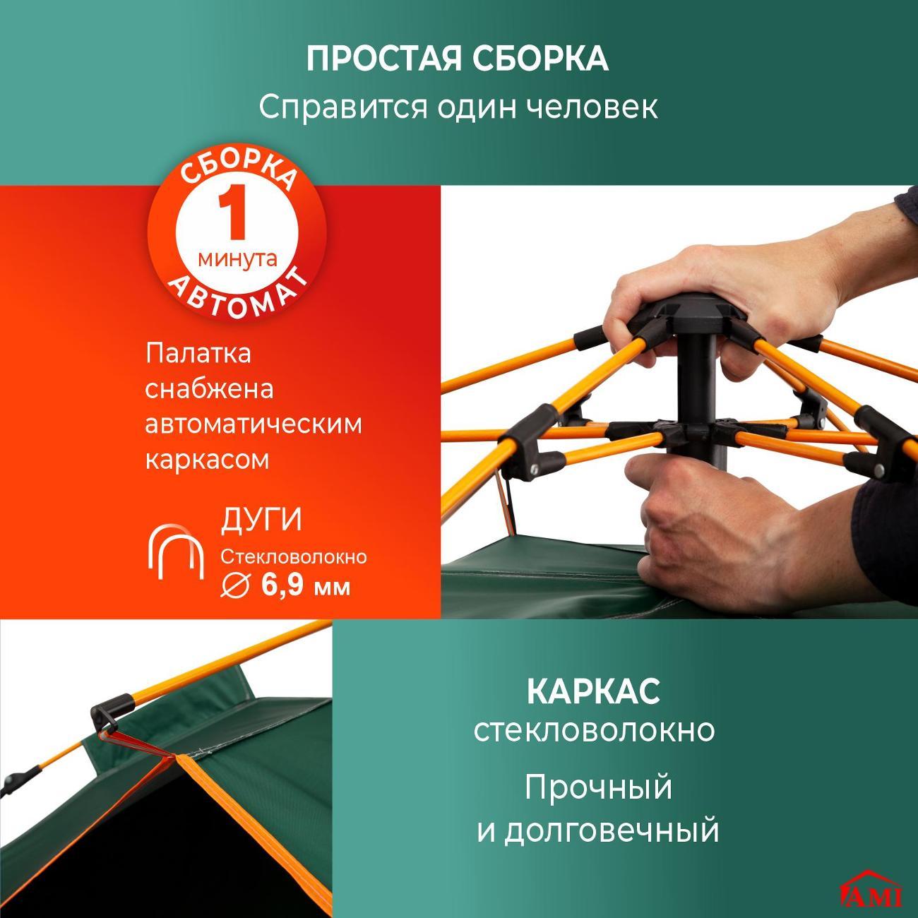 Палатка туристическая Ami Travel-2 зеленый 2 местная автоматическая