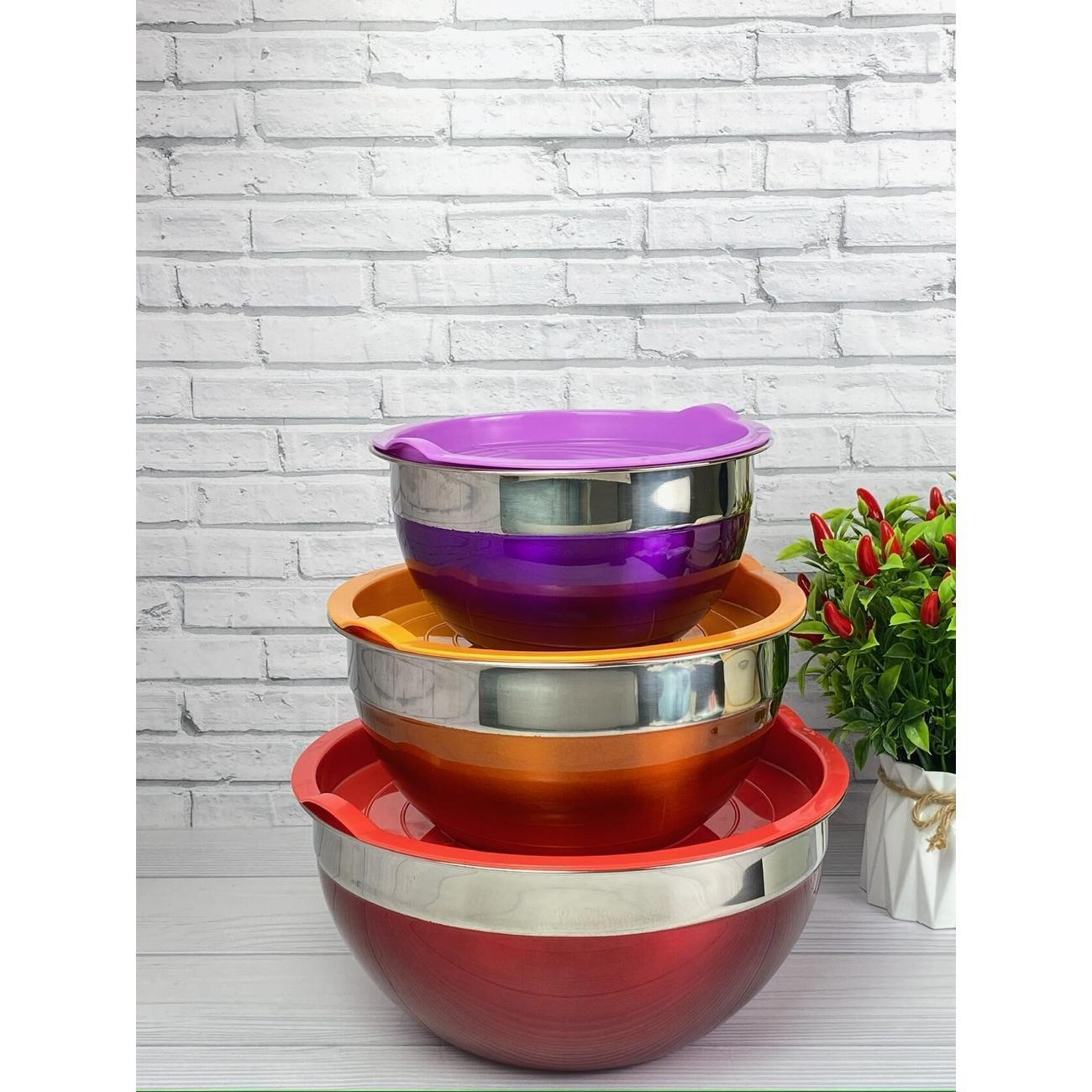 Набор салатников Edenberg из нержавеющей стали с пластиковыми крышками 3шт 1,5л 2,5л 4л