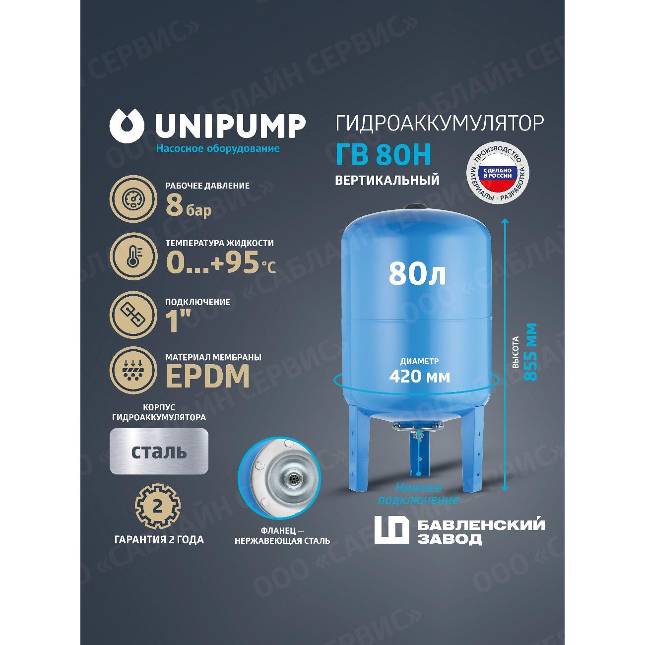 Гидроаккумулятор Unipump Гидроаккумулятор вертикальный ГВ 80Н с нерж. фланцем