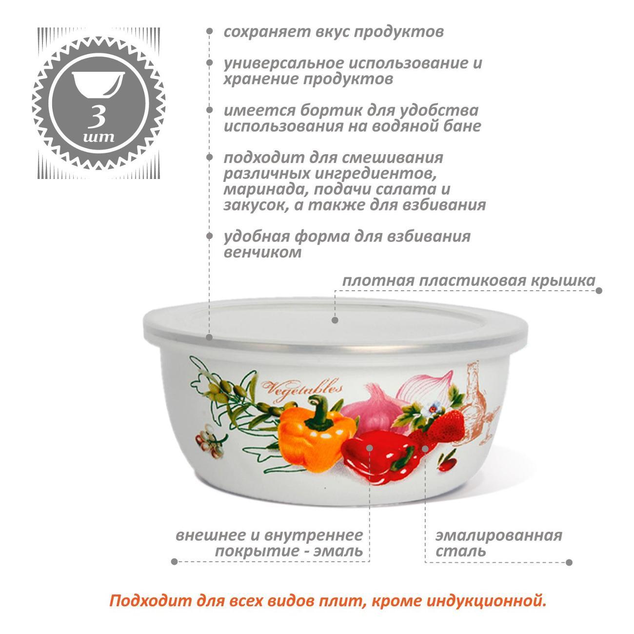 Набор салатников Zeidan из нержавеющей стали с пластиковыми крышками 3шт 1,5л 2,5л 4л