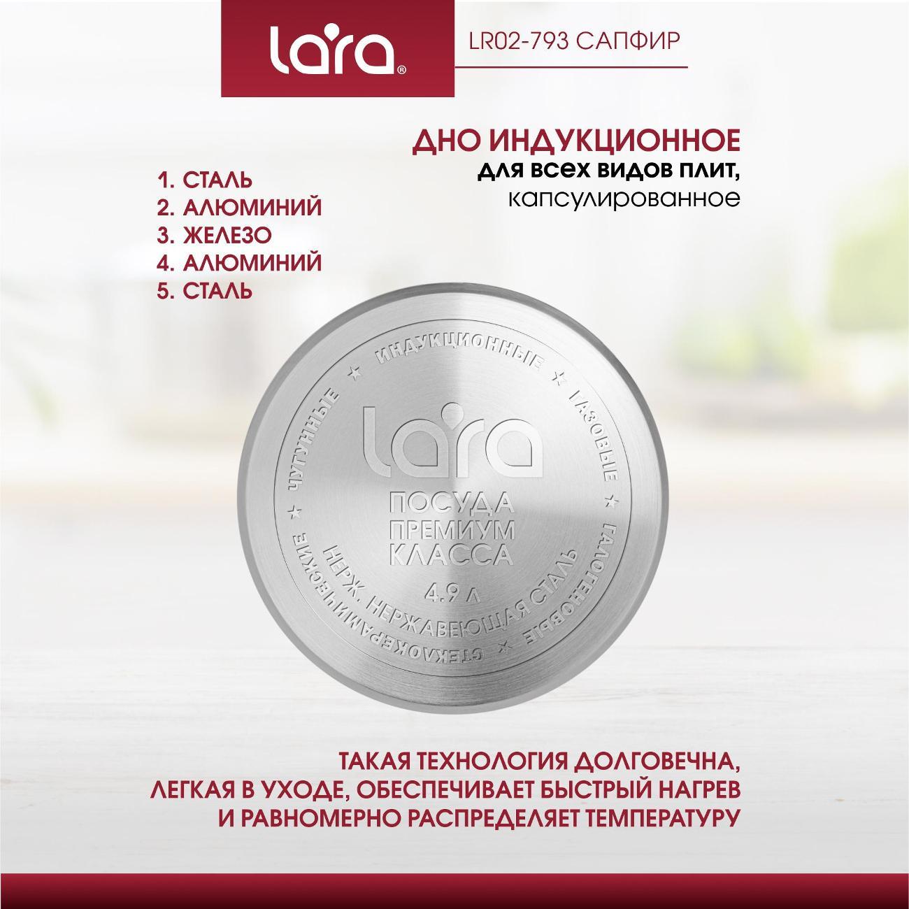 Кастрюля Lara LR02-793 Кастрюля LARA (нерж) САПФИР 22х11см 4.9л, индукц. дно, крышка стекло/силикон, слив.3/6мм