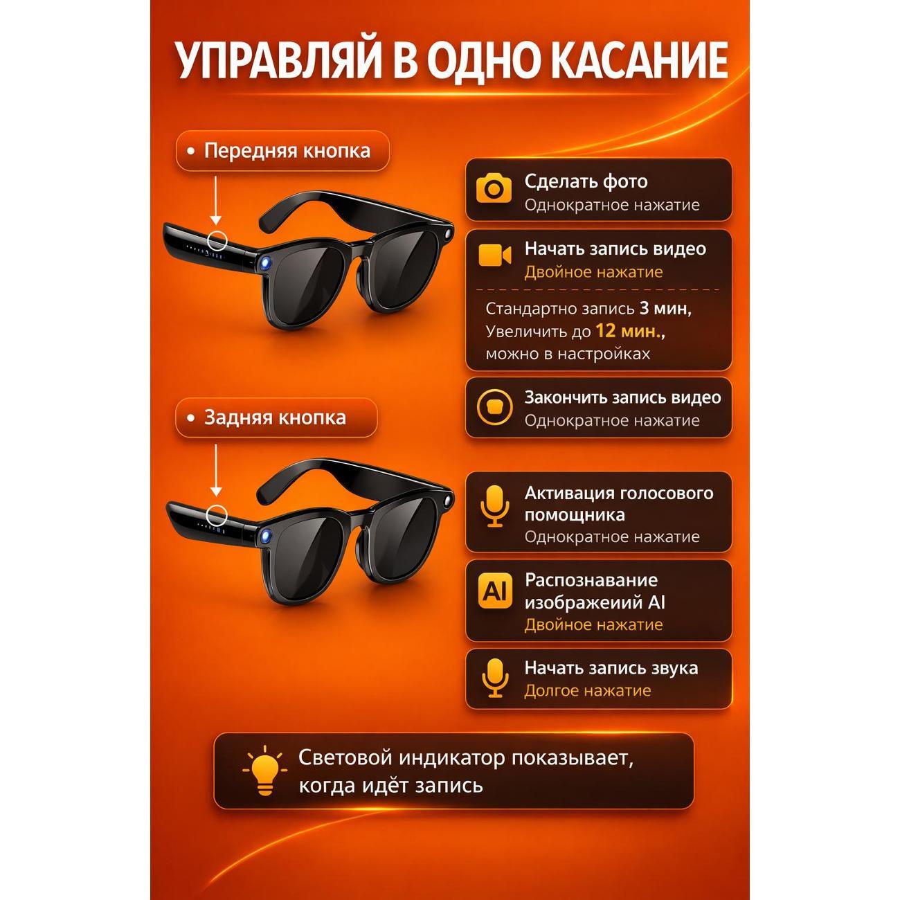 Умные очки c камерой Smart 32GB, голосовым управлением, Wi-FI 5 ГГЦ, Bluetooth 5.4